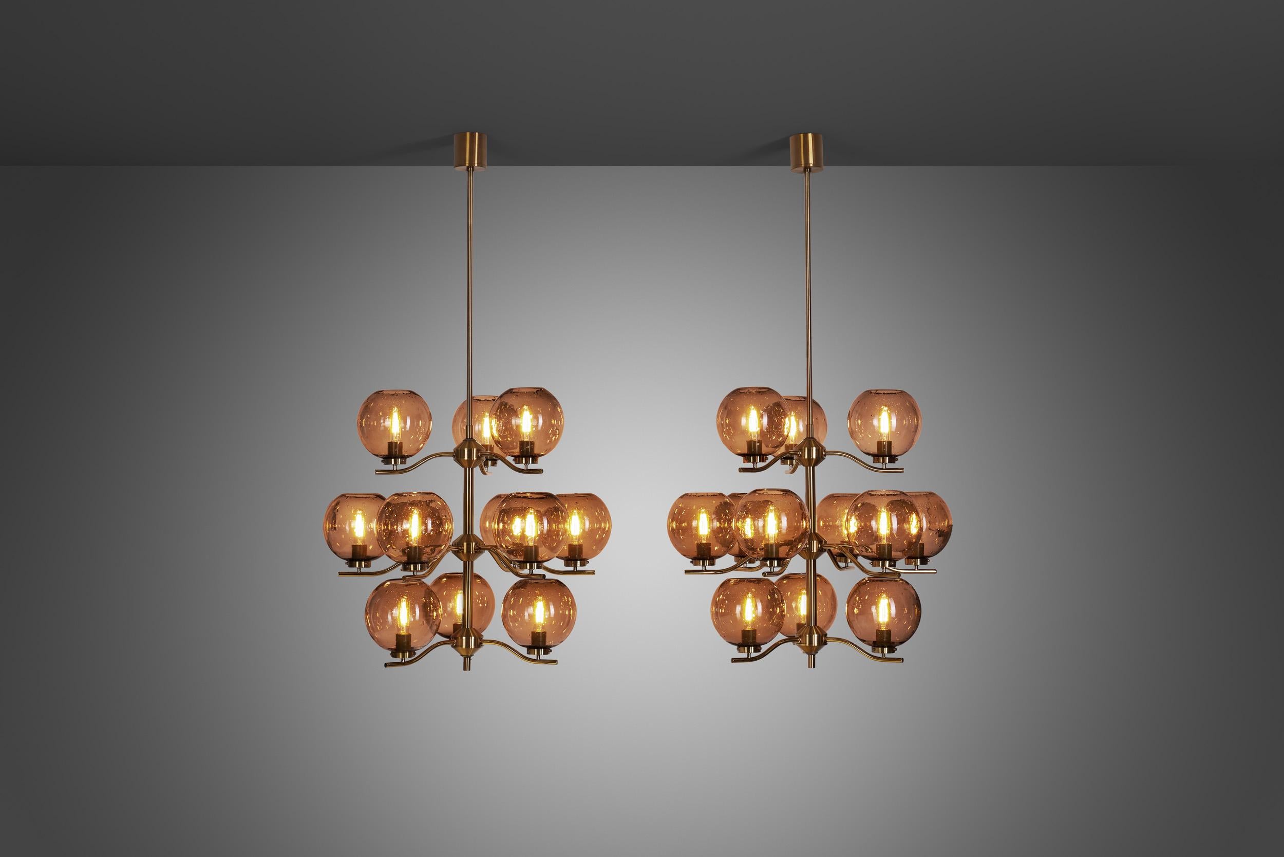 Late 20th Century Holger Johansson Chandeliers with 12 Smoked Glass Shades, Sweden 1970s For Sale