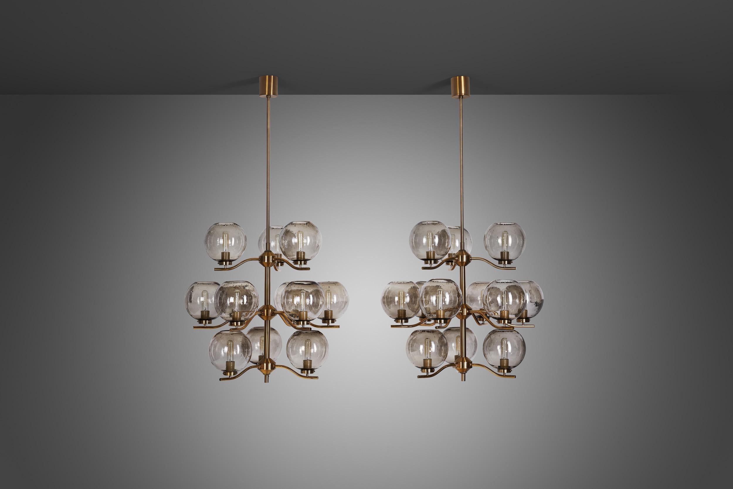 Brass Holger Johansson Chandeliers with 12 Smoked Glass Shades, Sweden 1970s For Sale