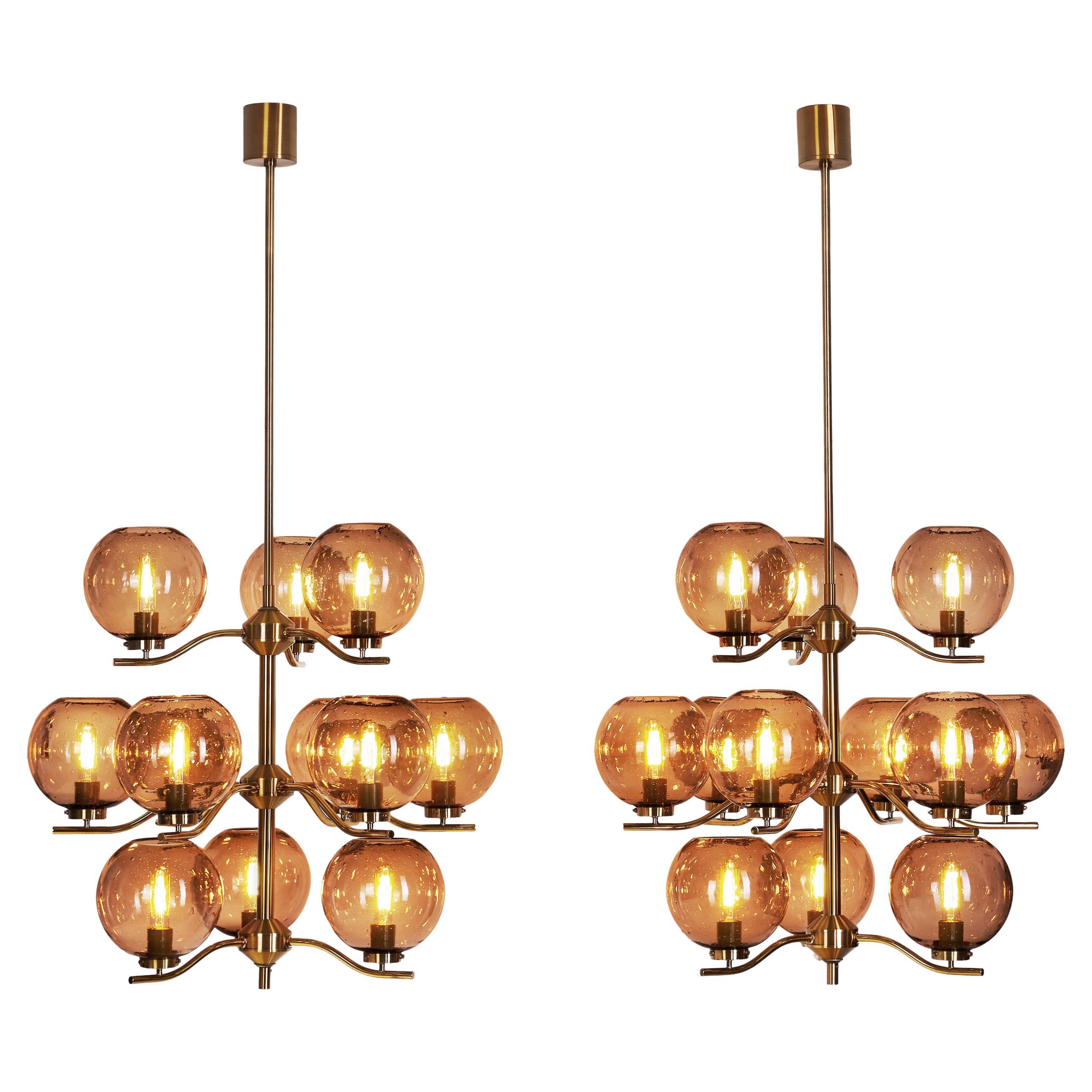 Holger Johansson Chandeliers with 12 Smoked Glass Shades, Sweden 1970s
