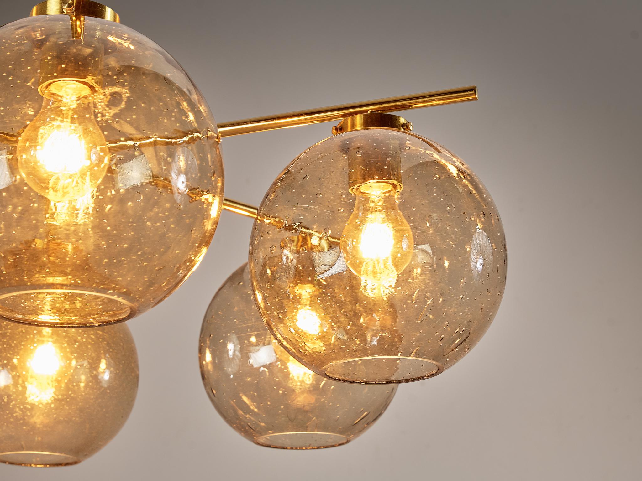 Scandinavian Modern Holger Johansson for Westal Chandeliers in Brass and Smoked Glass  For Sale