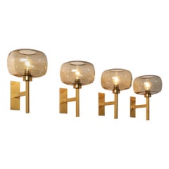 Holger Johansson for Westal Set of Four Wall Lights in Brass and Smoked Glass