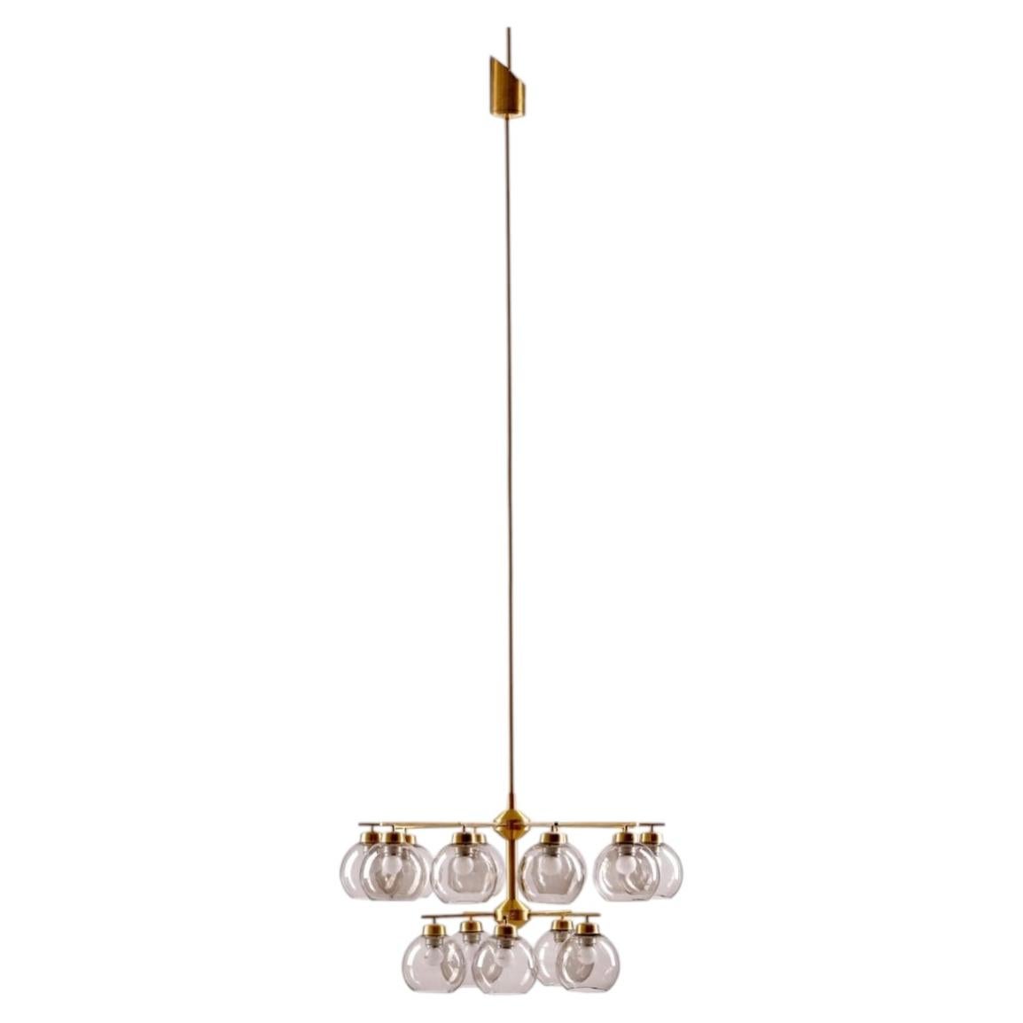 Grand lustre Holger Johansson en laiton et verre, années 1960