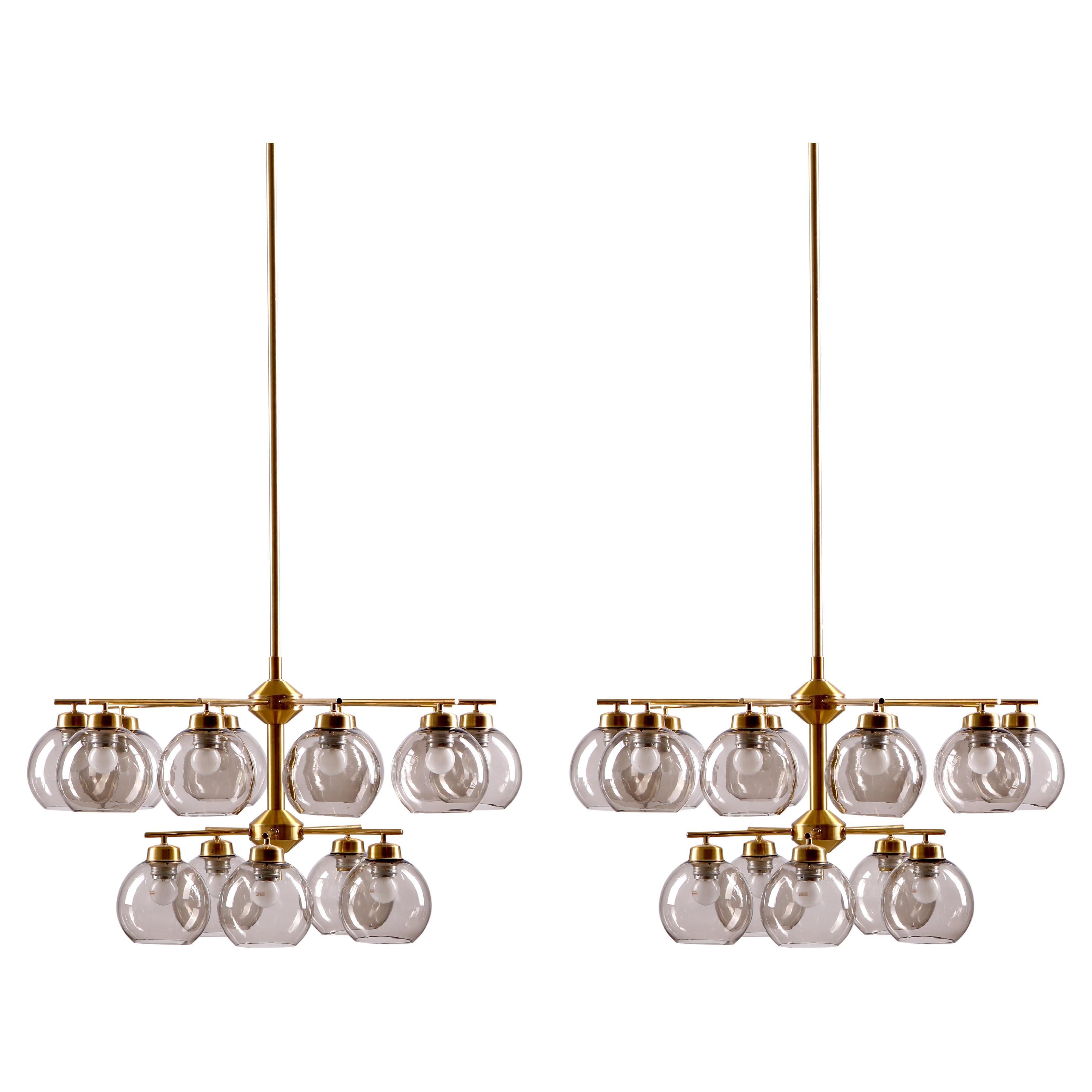 Holger Johansson Pair of Large Chandeliers in Brass and Glass, 1960s