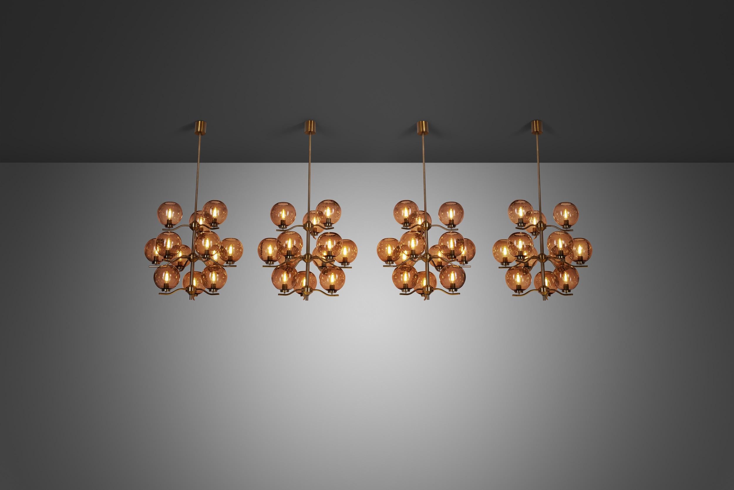 Swedish Holger Johansson Set of 4 Chandeliers with Glass Shades for Westal, Sweden 1970s For Sale