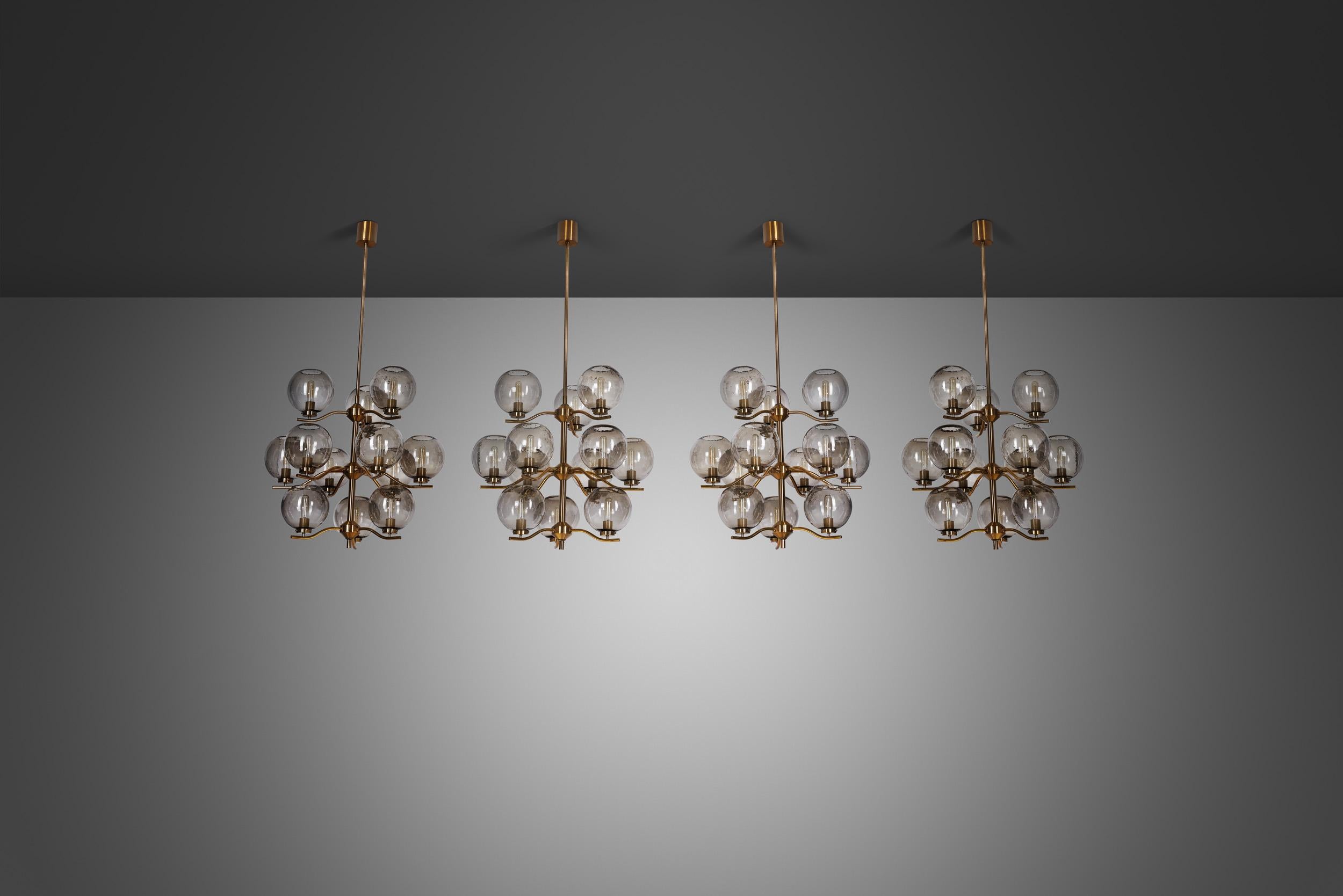 Holger Johansson Set of 4 Chandeliers with Glass Shades for Westal, Sweden 1970s In Good Condition For Sale In Utrecht, NL