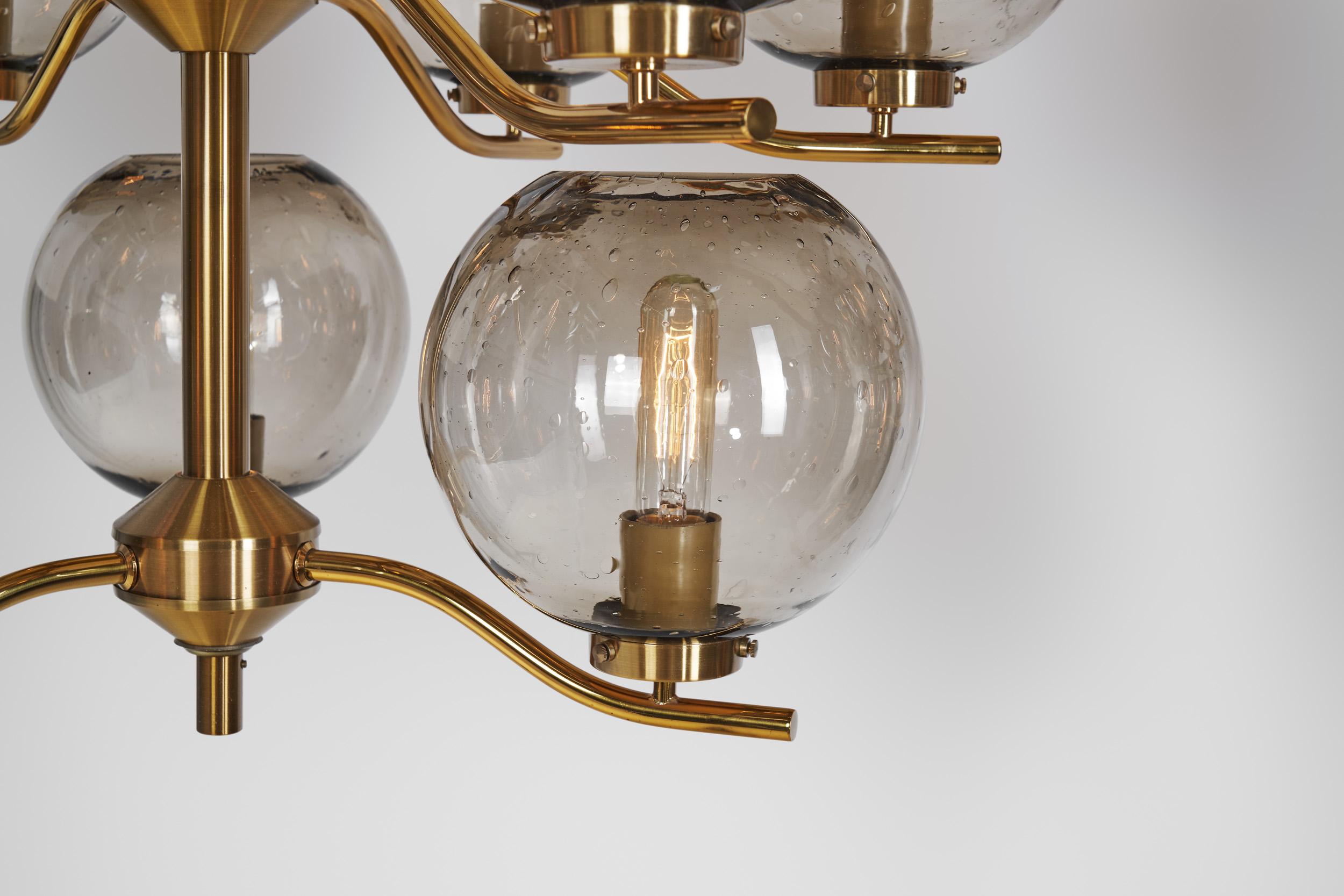 Holger Johansson Set of 6 Chandeliers with 12 Smoked Glass Shades, Sweden 1970s For Sale 8