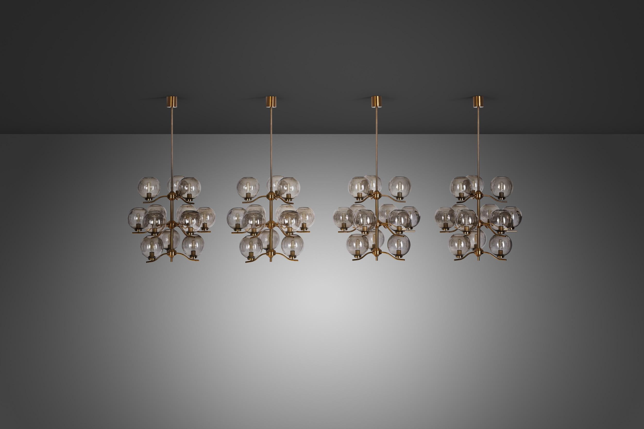 Mid-Century Modern Holger Johansson Set of 6 Chandeliers with 12 Smoked Glass Shades, Sweden 1970s For Sale