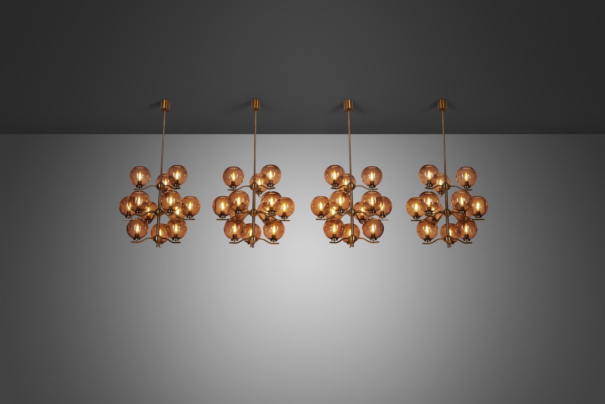 Swedish Holger Johansson Set of 6 Chandeliers with 12 Smoked Glass Shades, Sweden 1970s For Sale