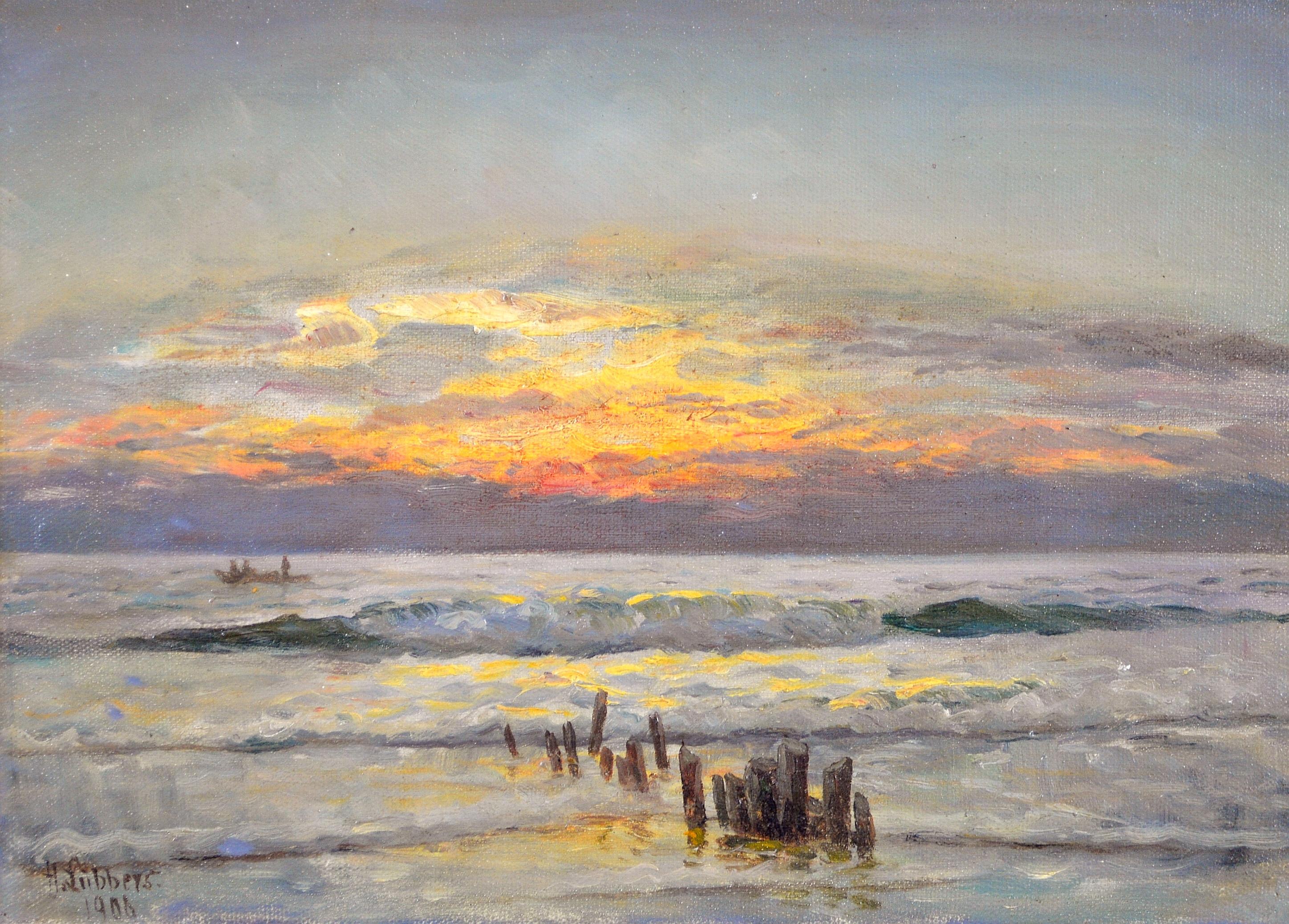 Sonnenuntergang an der Küste - Antike dänische Impressionisten Meer Meer Landschaft Ölgemälde – Painting von Holger Lübbers