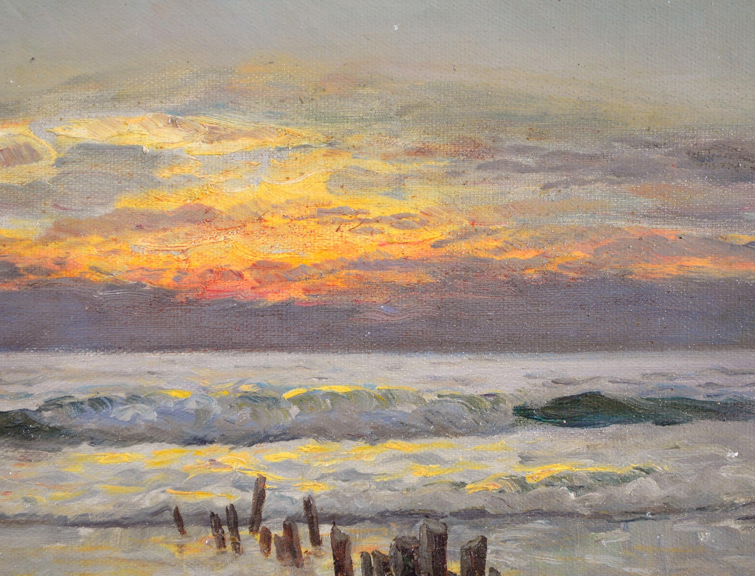 Sonnenuntergang an der Küste - Antike dänische Impressionisten Meer Meer Landschaft Ölgemälde (Impressionismus), Painting, von Holger Lübbers