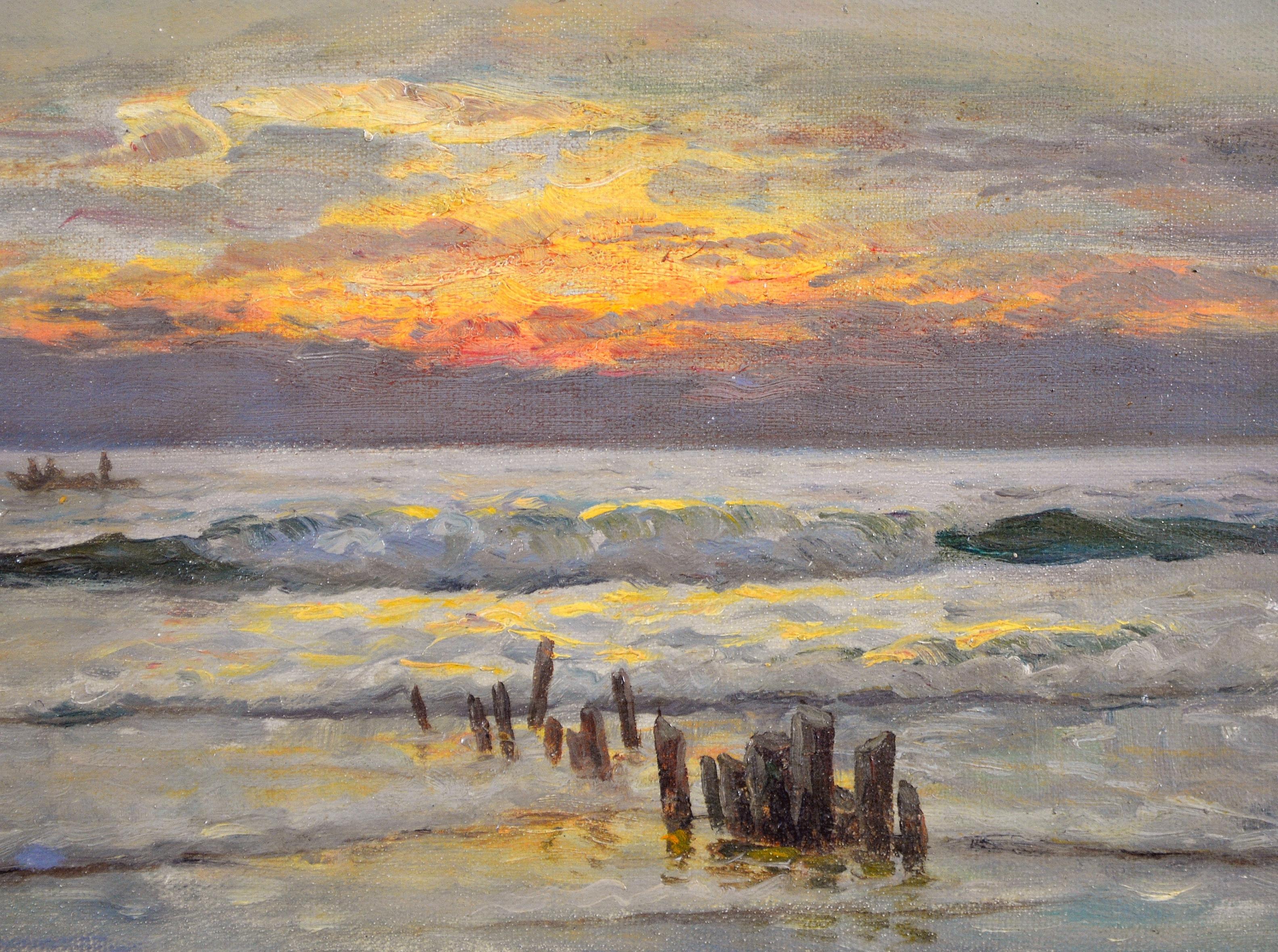 Sonnenuntergang an der Küste - Antike dänische Impressionisten Meer Meer Landschaft Ölgemälde (Braun), Landscape Painting, von Holger Lübbers