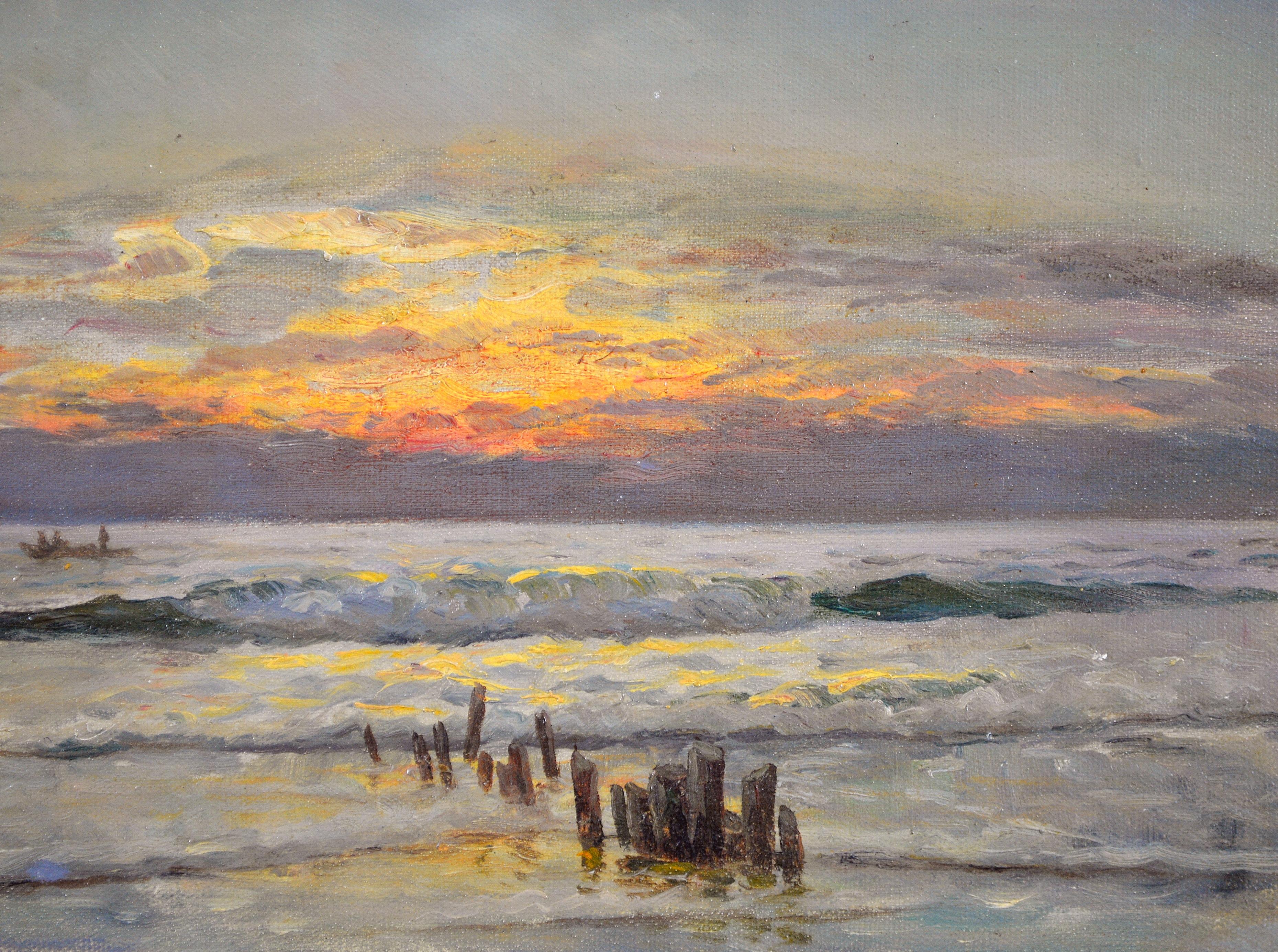 Sonnenuntergang an der Küste - Antike dänische Impressionisten Meer Meer Landschaft Ölgemälde im Angebot 1