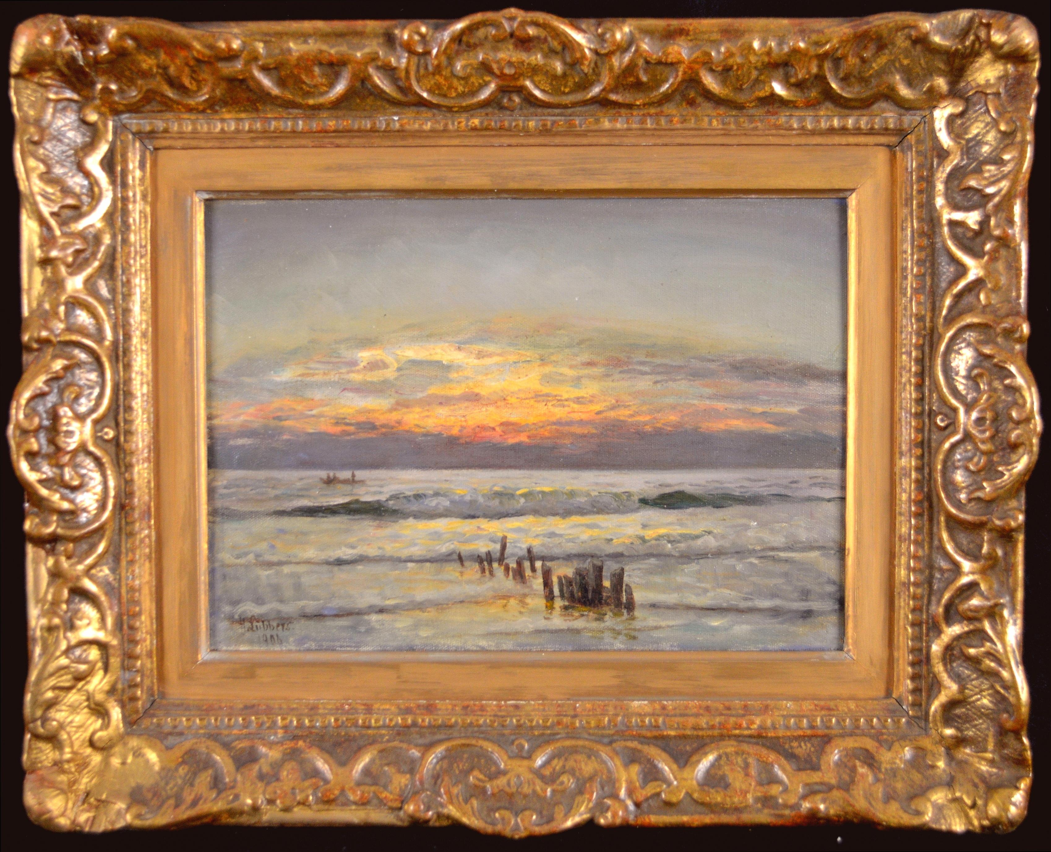 Sunset on the Coast - Antique Danish Impressionist Sea Seascape Oil Painting