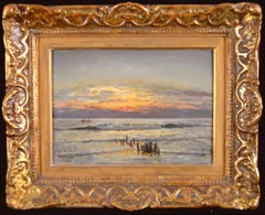 Sunset on the Coast - Antique Danish Impressionist Sea Seascape Oil Painting