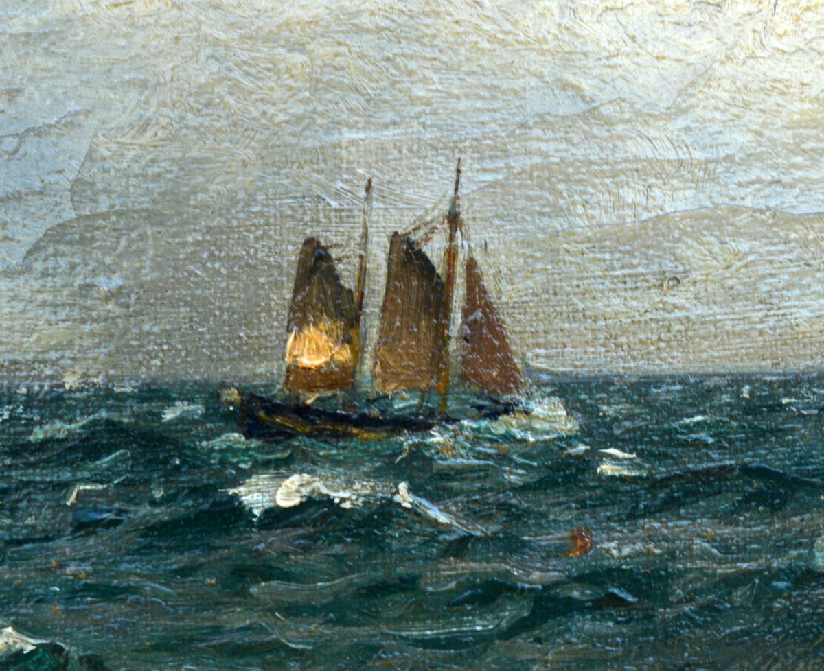 Holger Lübbers - Sailboat on Stormy Seas, dated 1918. Oil on canvas.

Holger Peter Svane Lübbers was born in Copenhagen in 1850. He was introduced to painting by his art-loving parents. Lübbers attended various art academies where he learned the