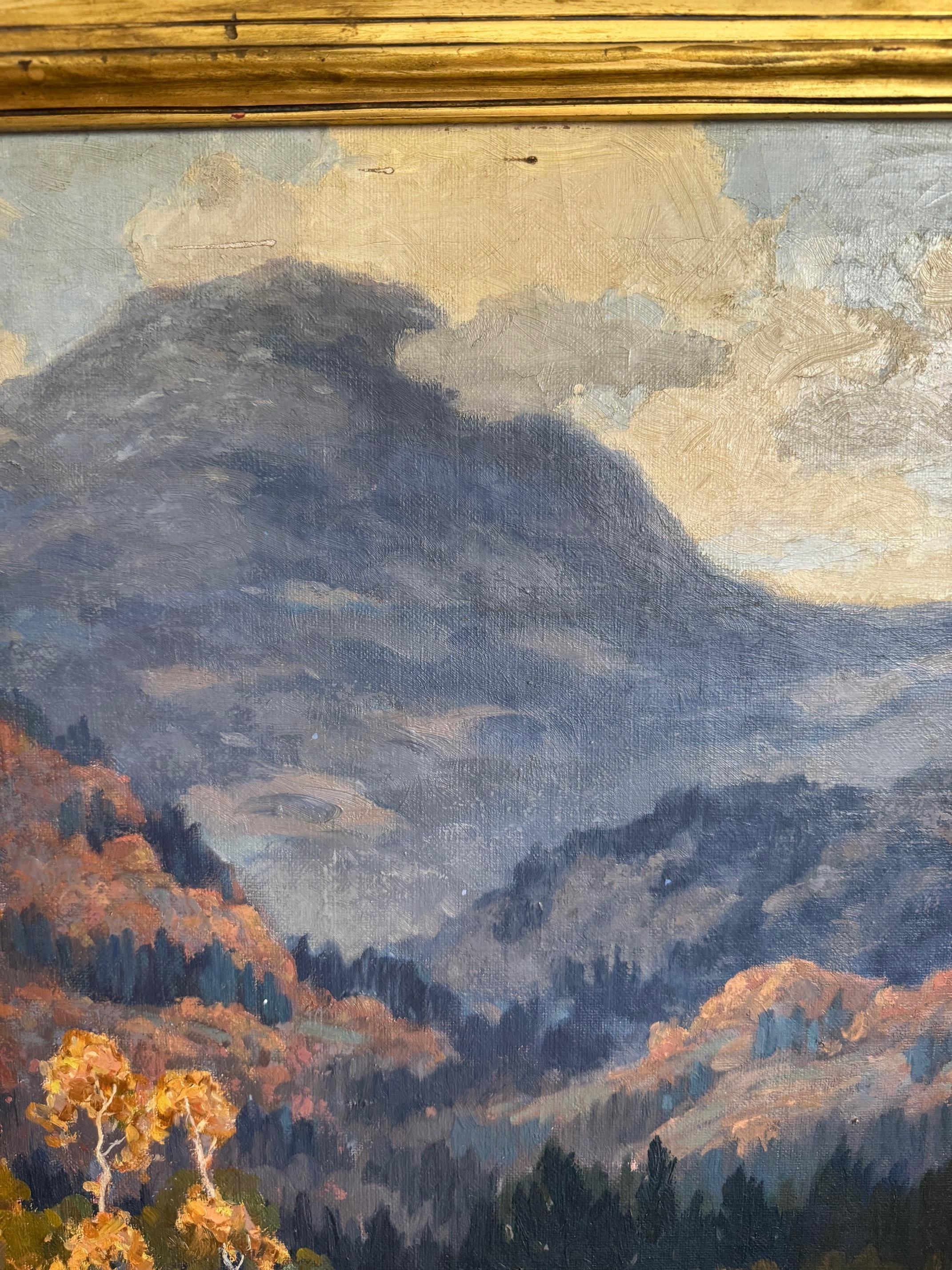 Exhibited, well painted,fall impressionist scene of Mt Greylock, Massachusetts painted by Holger Wenzel Jensen.  Exhibition label attached verso.

Exhibited, Chicago Galleries Association
Signed Lower Left
Carved Original Gilded Frame

Holger Wenzel
