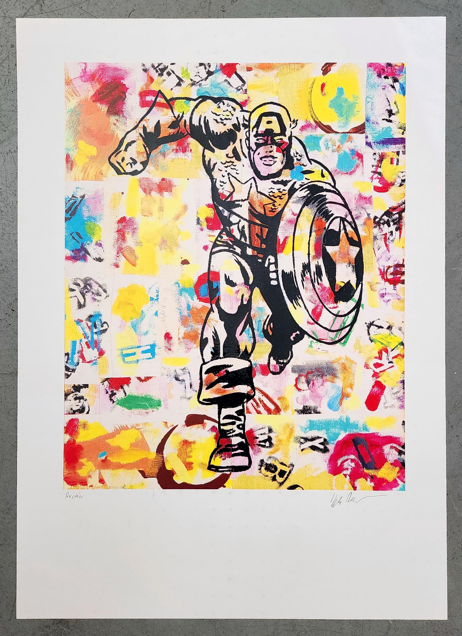 Capitan America (Fumetto, Graphic Novel, Supereroe, Street Art, Pop-Art, Colorato) - Portrait Print Beige di Holger Zimmermann