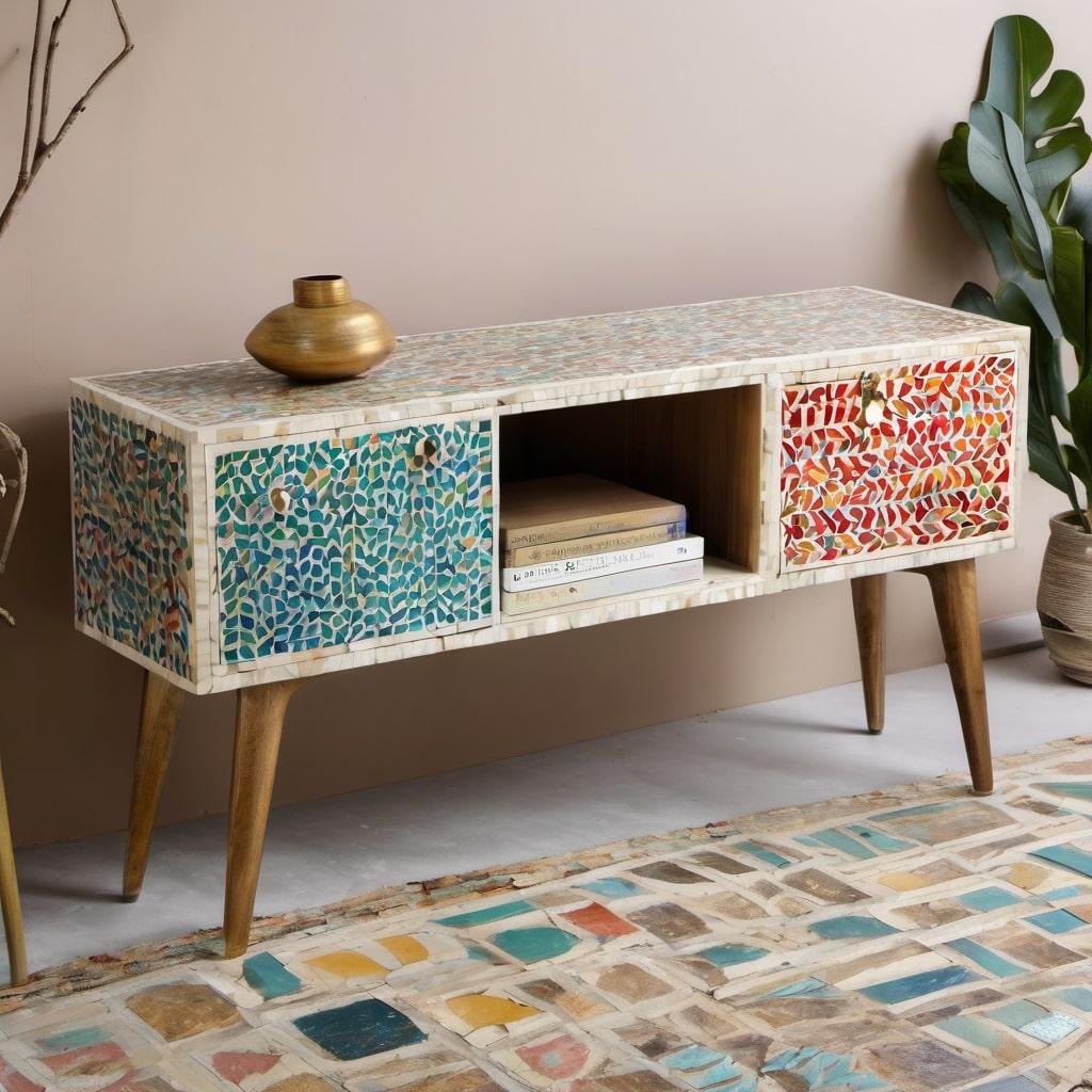 Transport yourself to the vibrant colors and festive spirit of India's iconic festival, Holi, with our exquisite bone inlay media console. This stunning piece represents the culmination of ancient craftsmanship and cutting-edge technology, making it