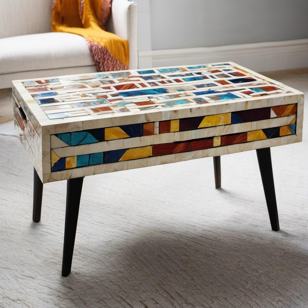 Transport yourself to the vibrant colors and festive spirit of India's iconic festival, Holi, with our exquisite bone inlay coffee table. This stunning piece represents the culmination of ancient craftsmanship and cutting-edge technology, making it