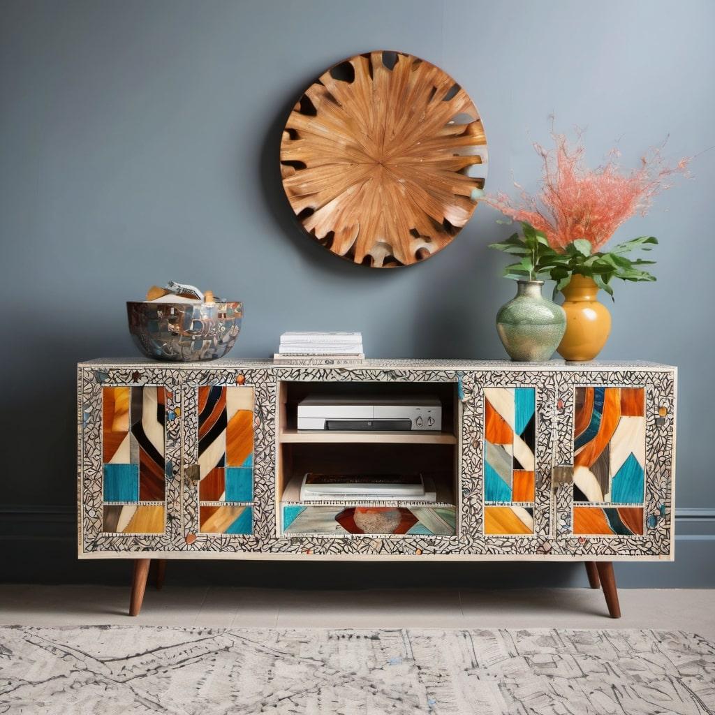 Transport yourself to the vibrant colors and festive spirit of India's iconic festival, Holi, with our exquisite bone inlay media console. This stunning piece represents the culmination of ancient craftsmanship and cutting-edge technology, making it