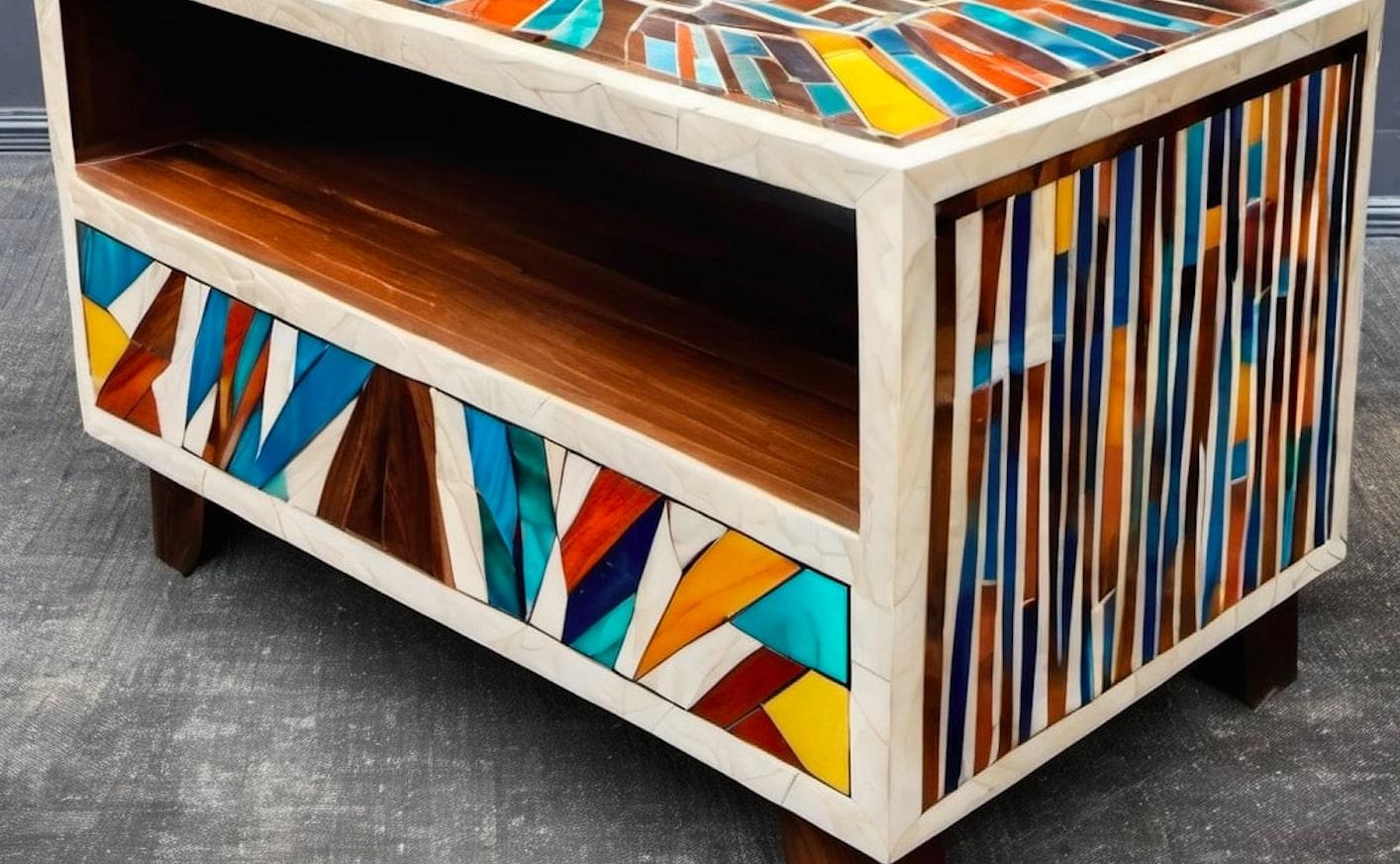 Mid-Century Modern Holi - World's First Ai Generated Bone Inlay Side Table For Sale