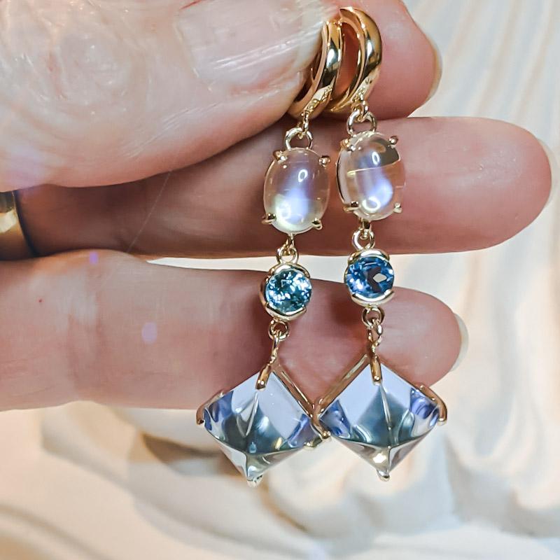 Contemporary Holiday Dangle Earring with African Moonstone, Blue Topaz and Carved Blue Quartz