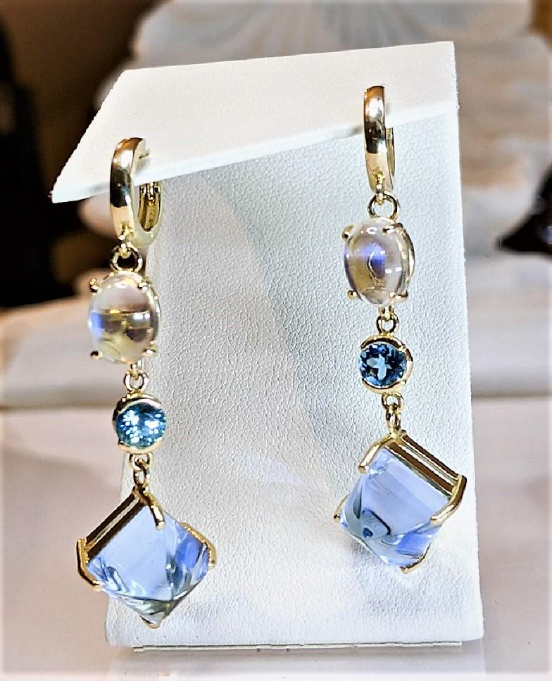 Holiday Dangle Earring with African Moonstone, Blue Topaz and Carved Blue Quartz In New Condition In Carlisle, MA