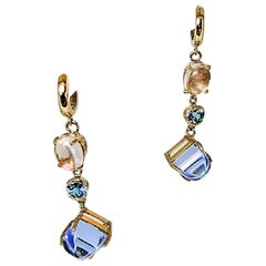 Holiday Dangle Earring with African Moonstone, Blue Topaz and Carved Blue Quartz