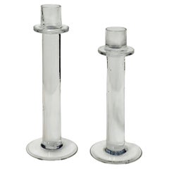 HOLIDAY GIFT - Minimalist Pair of Clear Glass Candle Holders, Modernist Elegance