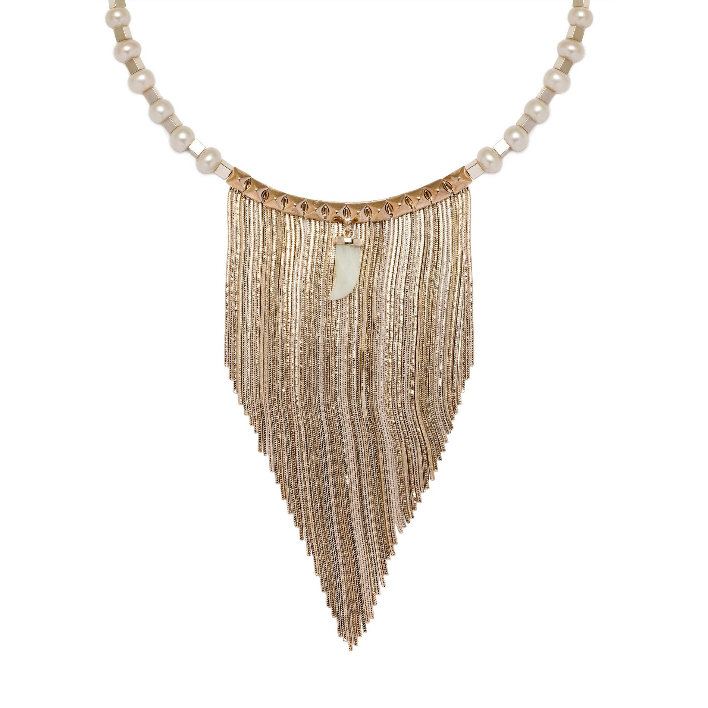 Round Cut Holiday Necklace with 10 Carat Gold Plated Fringes and Freshwater Pearls  For Sale
