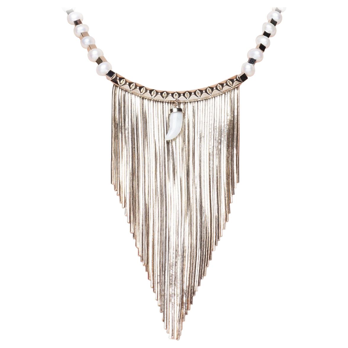 Holiday Necklace with 10 Carat Gold Plated Fringes and Freshwater Pearls  For Sale