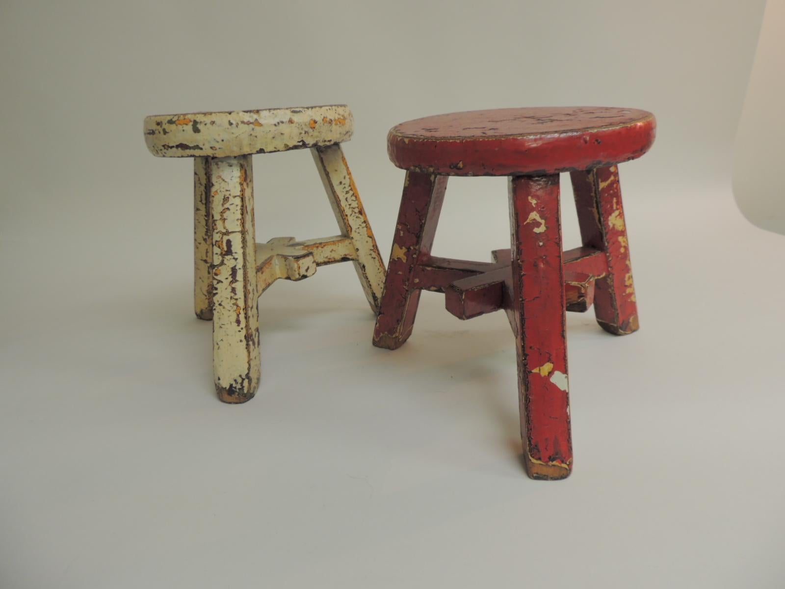 Rustic Pair of Small Asian Yellow and Red Lacquered Round Low Stools