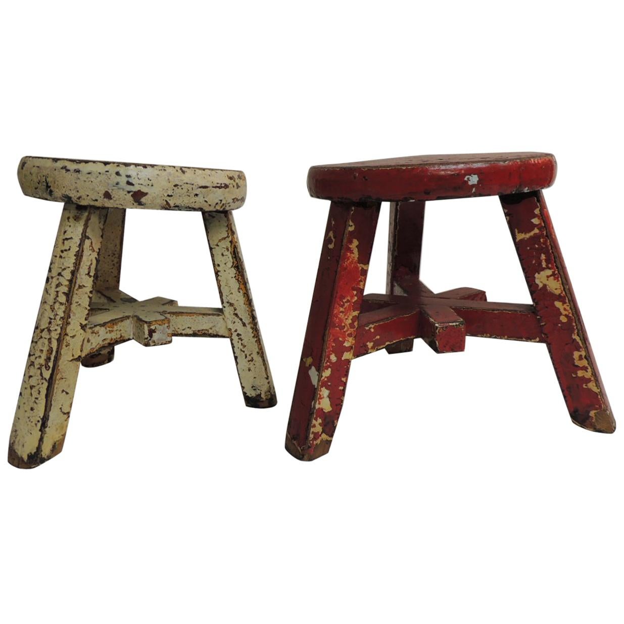 Pair of Small Asian Yellow and Red Lacquered Round Low Stools