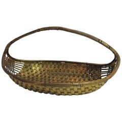 Vintage Flat Brass Decorative Woven Basket with Handle