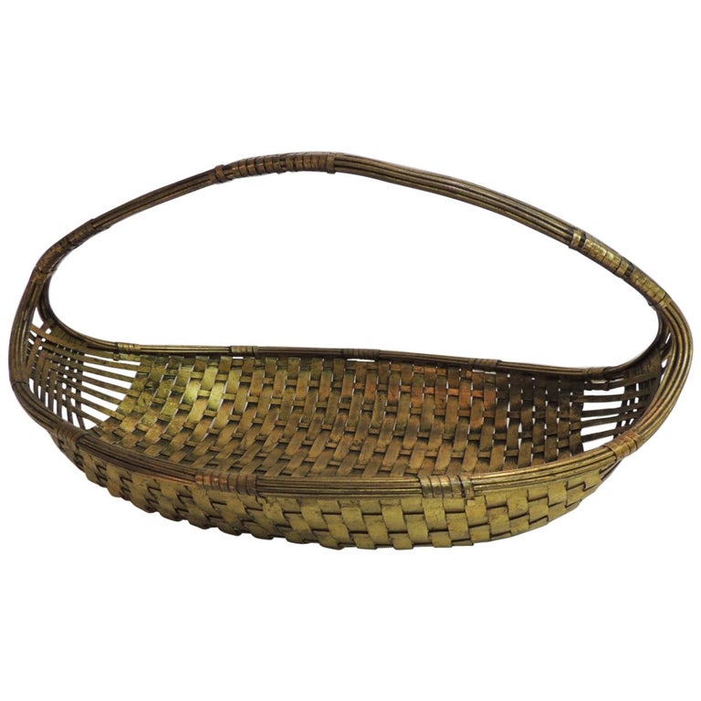 Vintage Flat Brass Decorative Woven Basket with Handle at 1stDibs