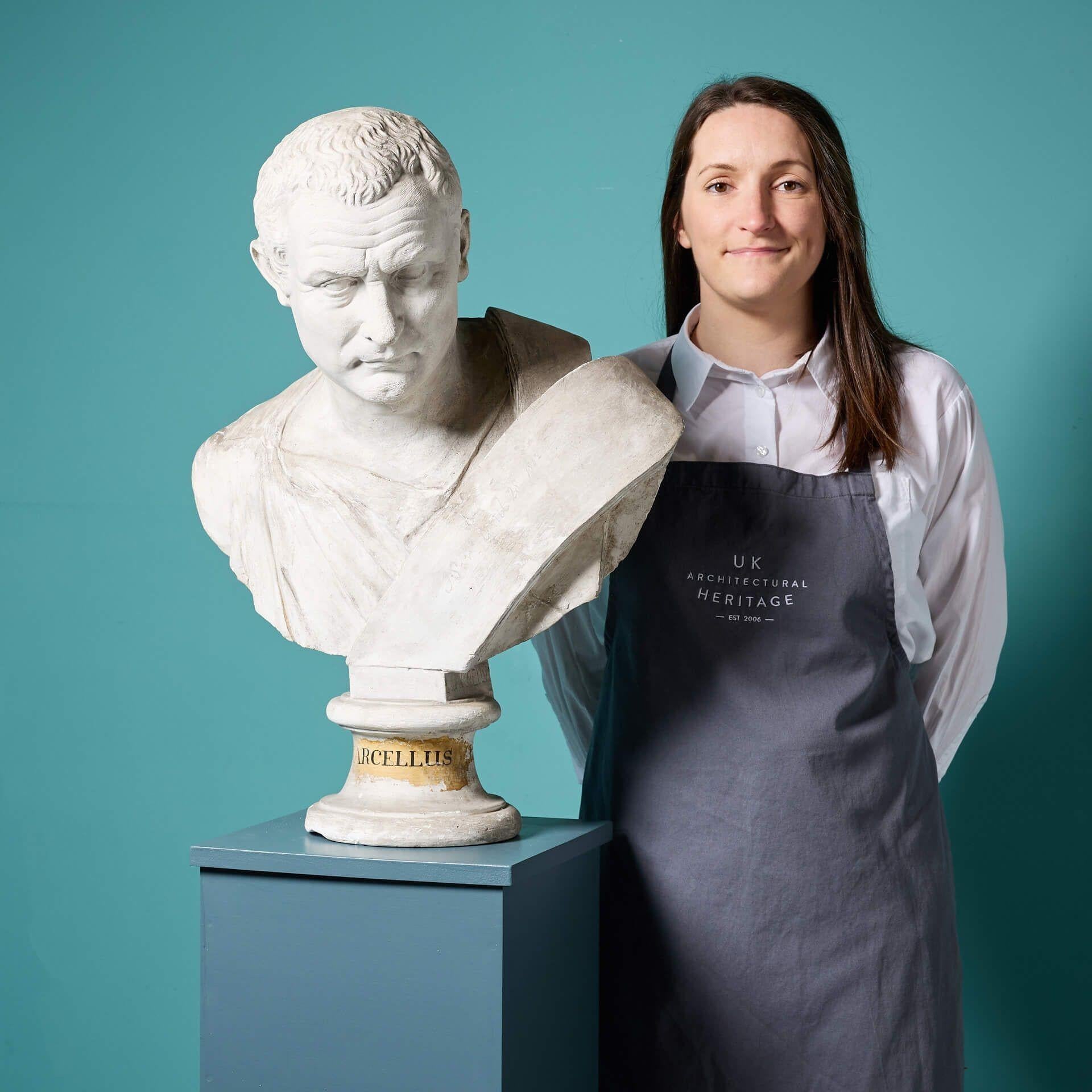 A mid 19th century plaster portrait bust of 3rd century BC Roman general and politician, Marcus Claudius Marcellus (270-208 BC), ex. Holkham Hall, Norfolk. Inscribed to the front of the sash with ‘J.S April 28, 1842’, this antique bust is reputed to