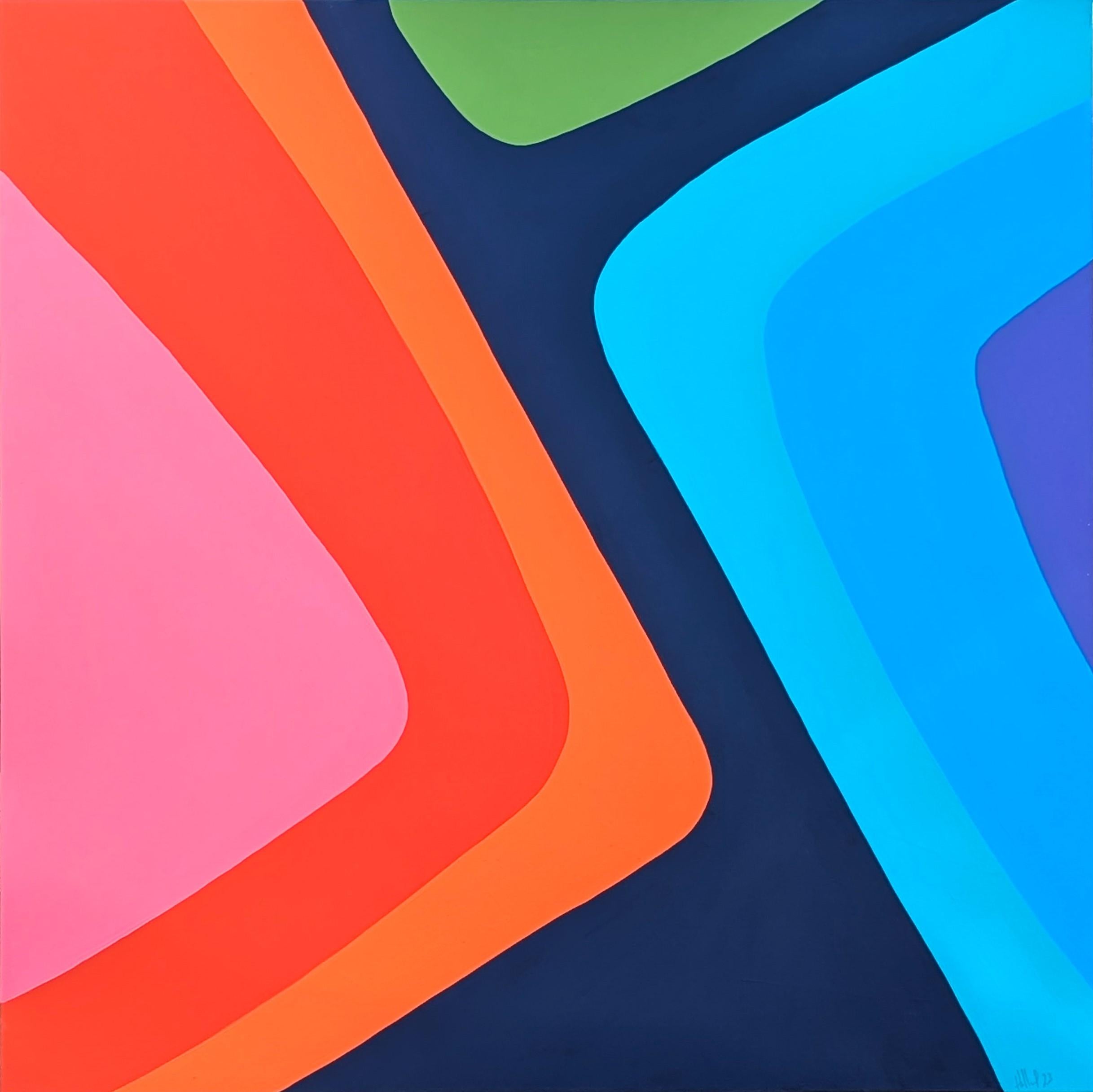 "Can't Stand Still" Astratto contemporaneo rosa, blu, verde e arancione con bordi rigidi
