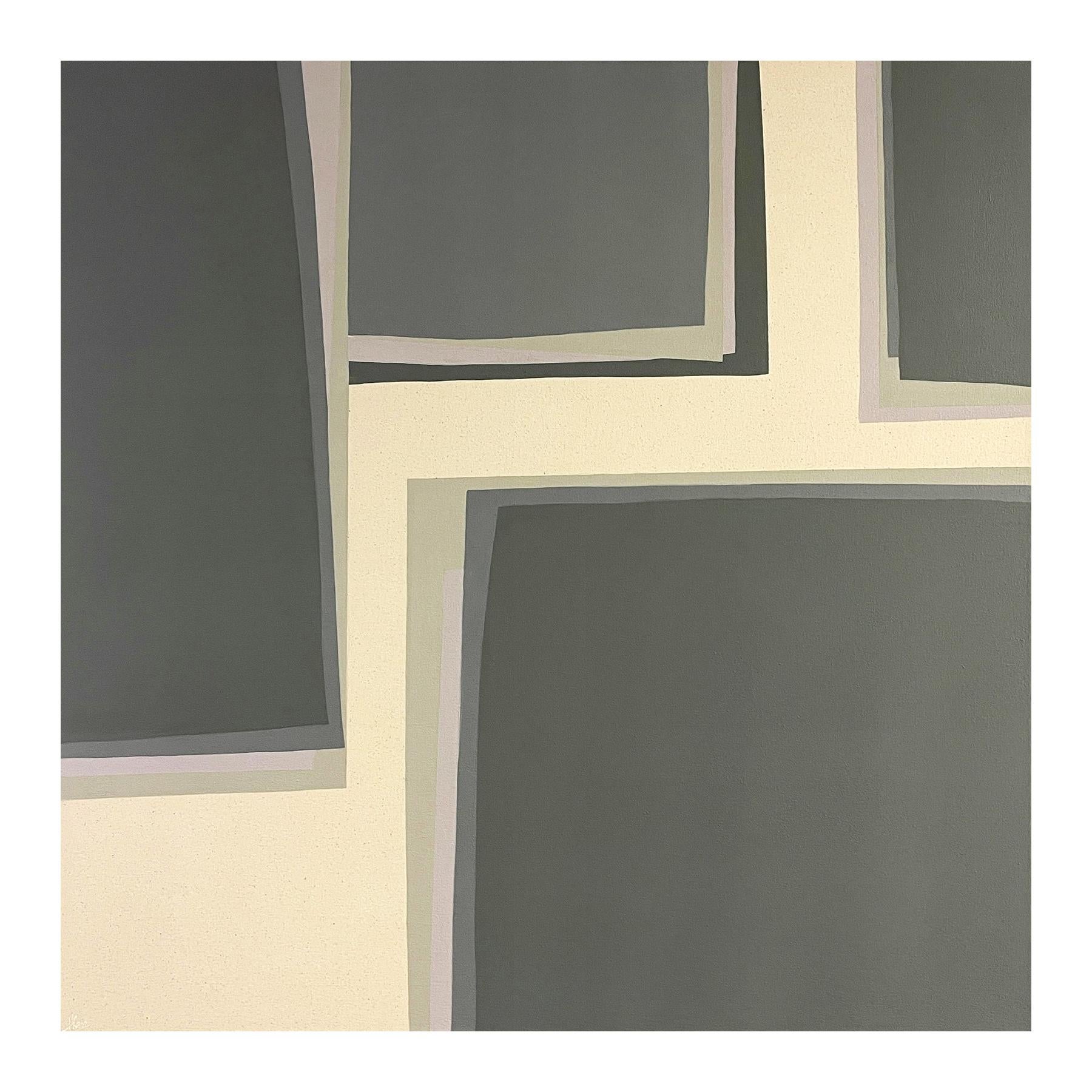 Contemporary abstract geometric painting by Houston-based artist Holland Geibel. The work features layers of rectangular shapes in various tones of grey set against a tan background. Signed and titled on the reverse. Recently featured in 