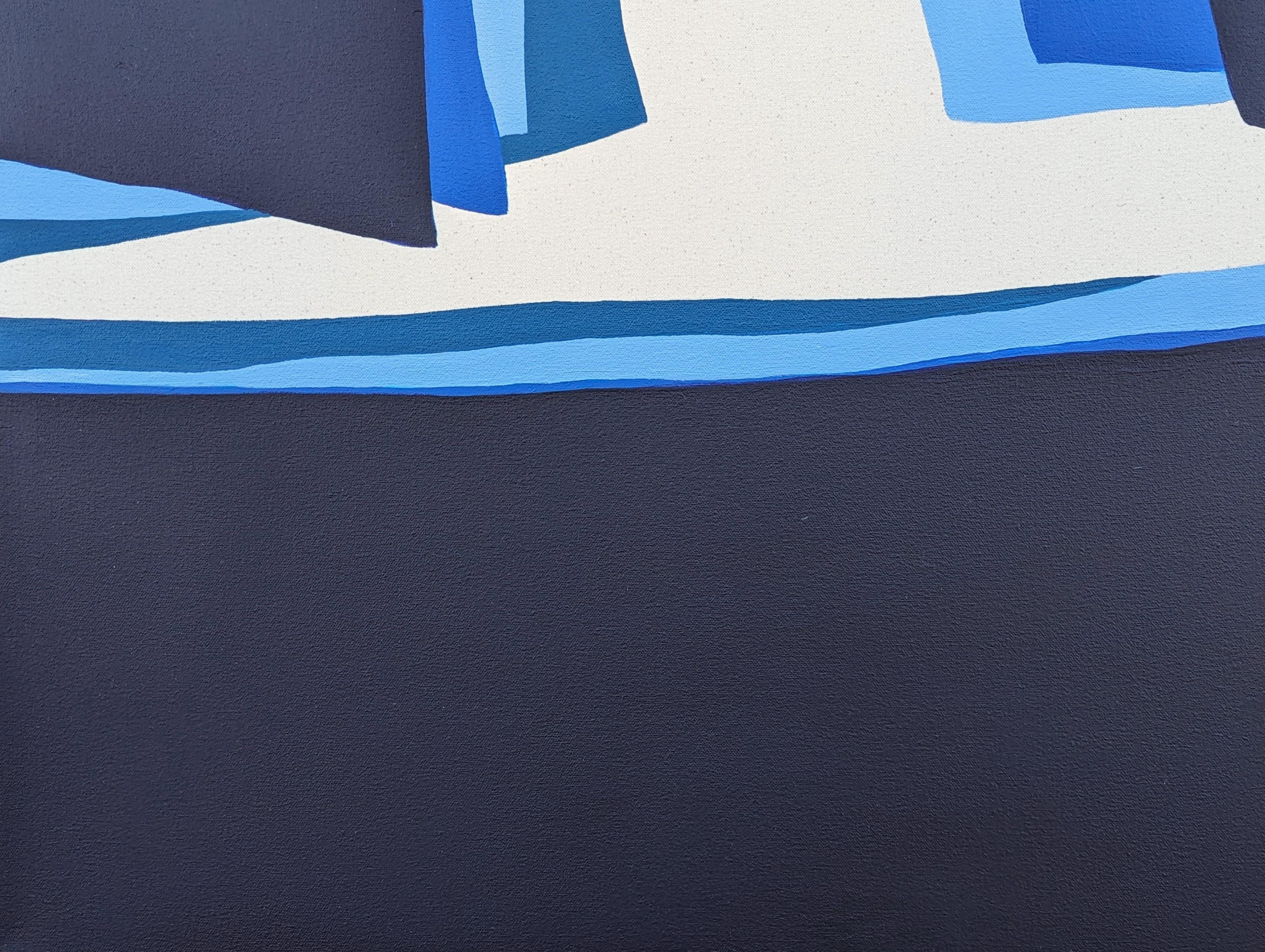 Quadro geometrico astratto contemporaneo dell'artista Holland Geibel di Houston. L'opera presenta strati di forme rettangolari in varie tonalità di blu, verde acqua e bianco. Firmato, intitolato e datato sul retro. Attualmente non è incorniciato, ma