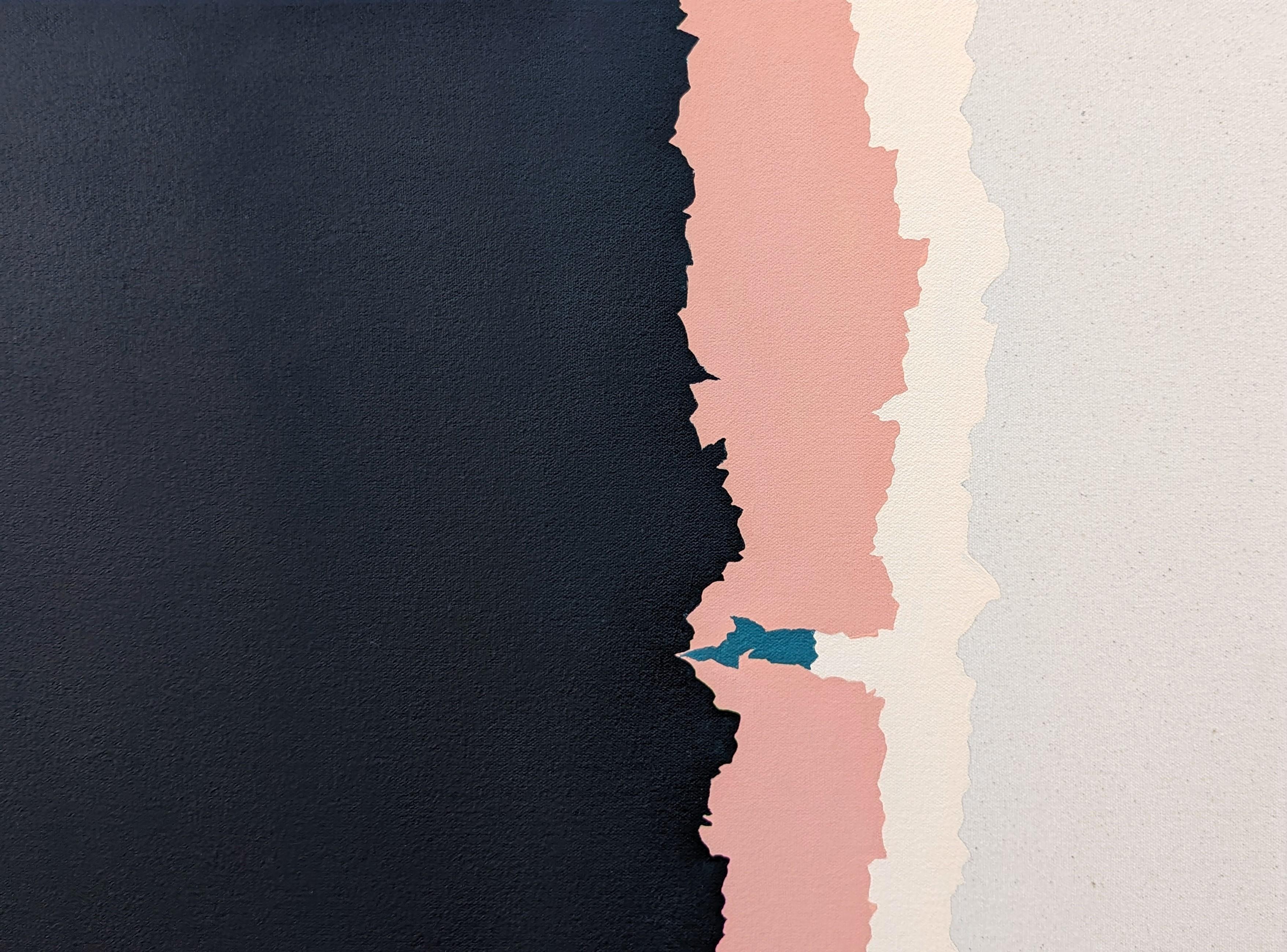 Contemporary abstract geometric painting by Houston-based artist Holland Geibel. The work features layers of rectangular shapes in various tones of blue, teal, pink, and white. Signed, titled, and dated on the reverse. Currently unframed, but