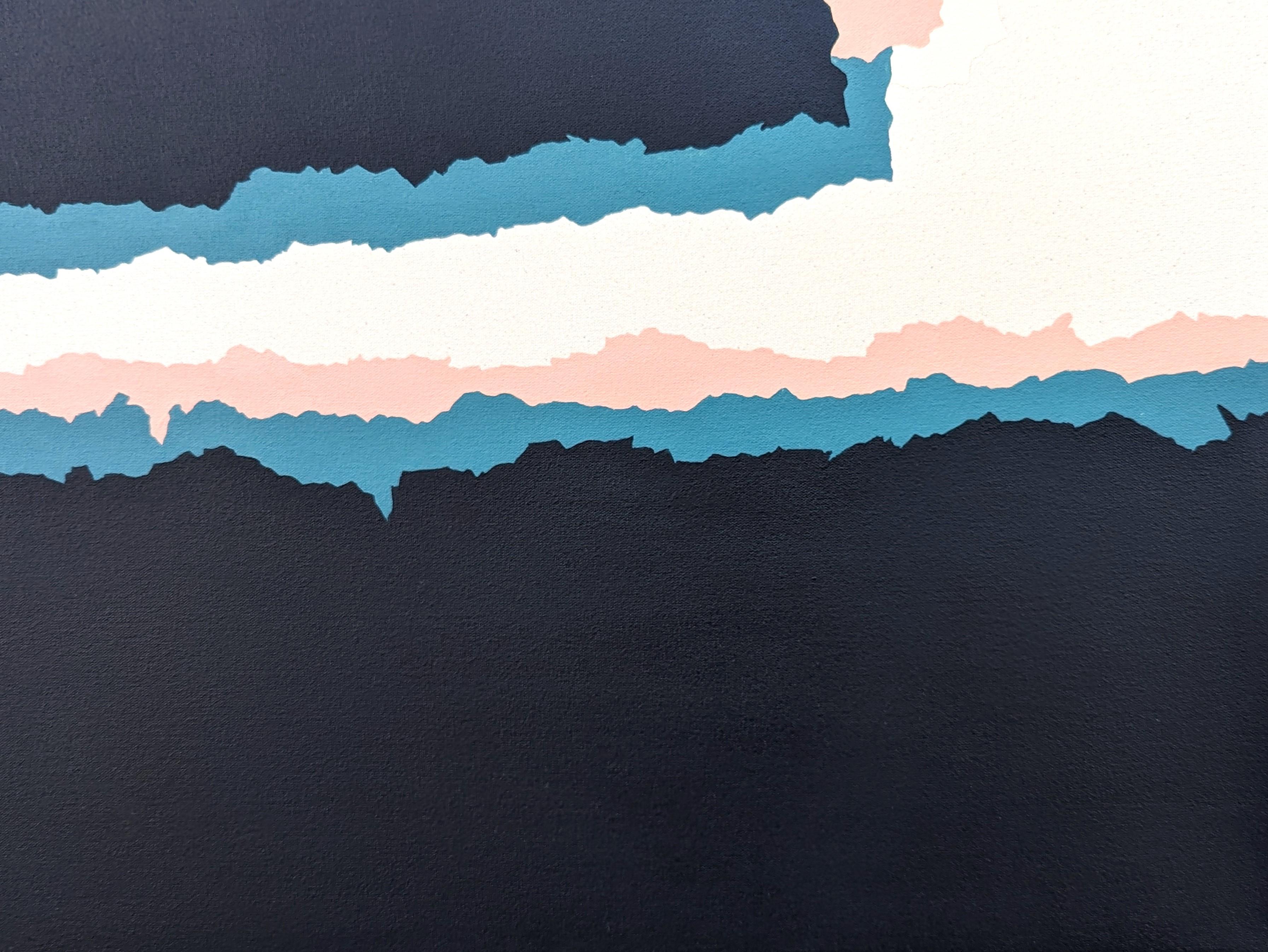 Contemporary abstract geometric painting by Houston-based artist Holland Geibel. The work features layers of rectangular shapes in various tones of blue, teal, pink, and white. Signed, titled, and dated on the reverse. Currently unframed, but