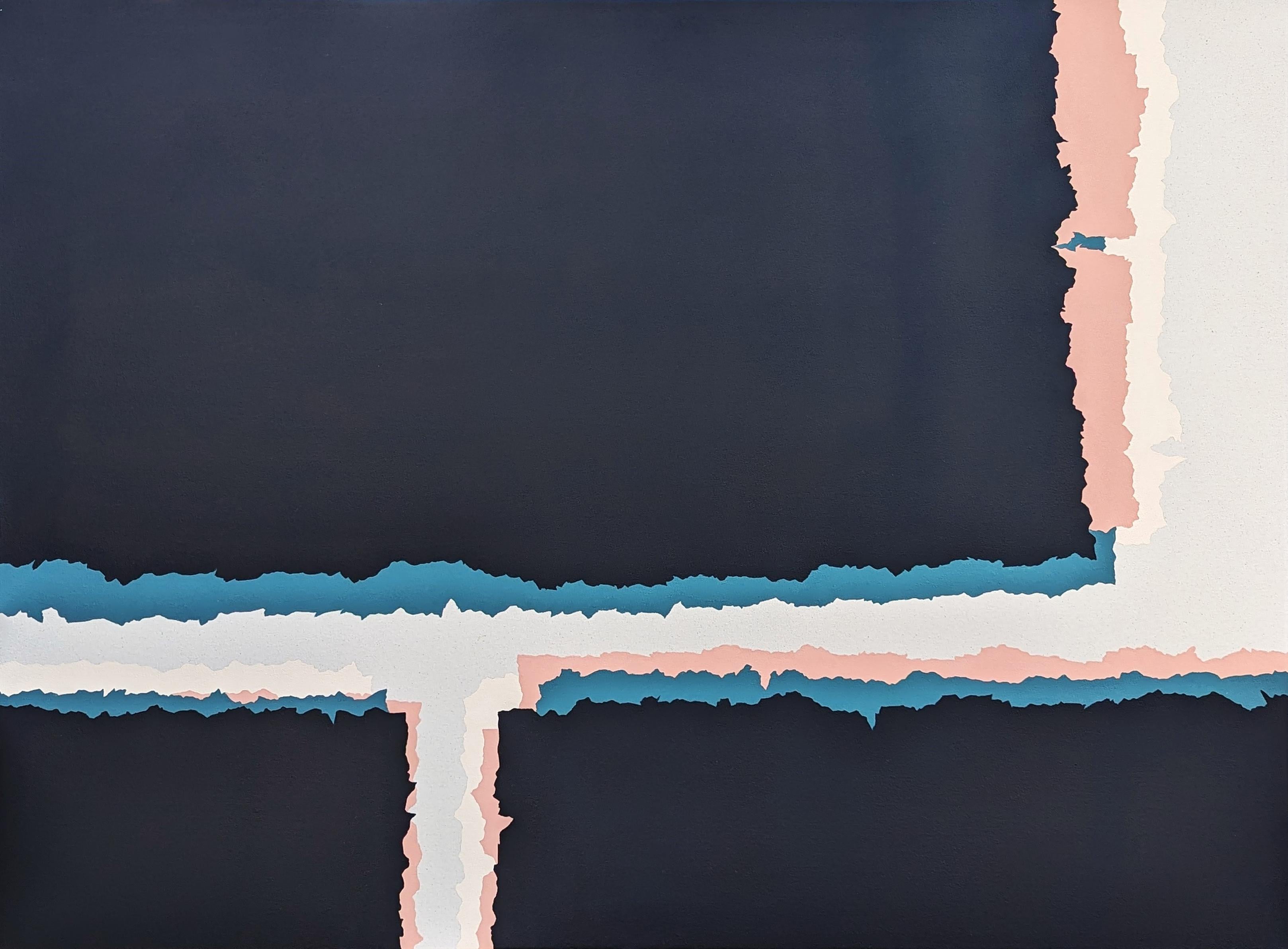 Holland Geibel Landscape Painting - "Life’s Not Fair, So What" Contemporary Navy, Pink, & Teal Hard-Edge Abstract
