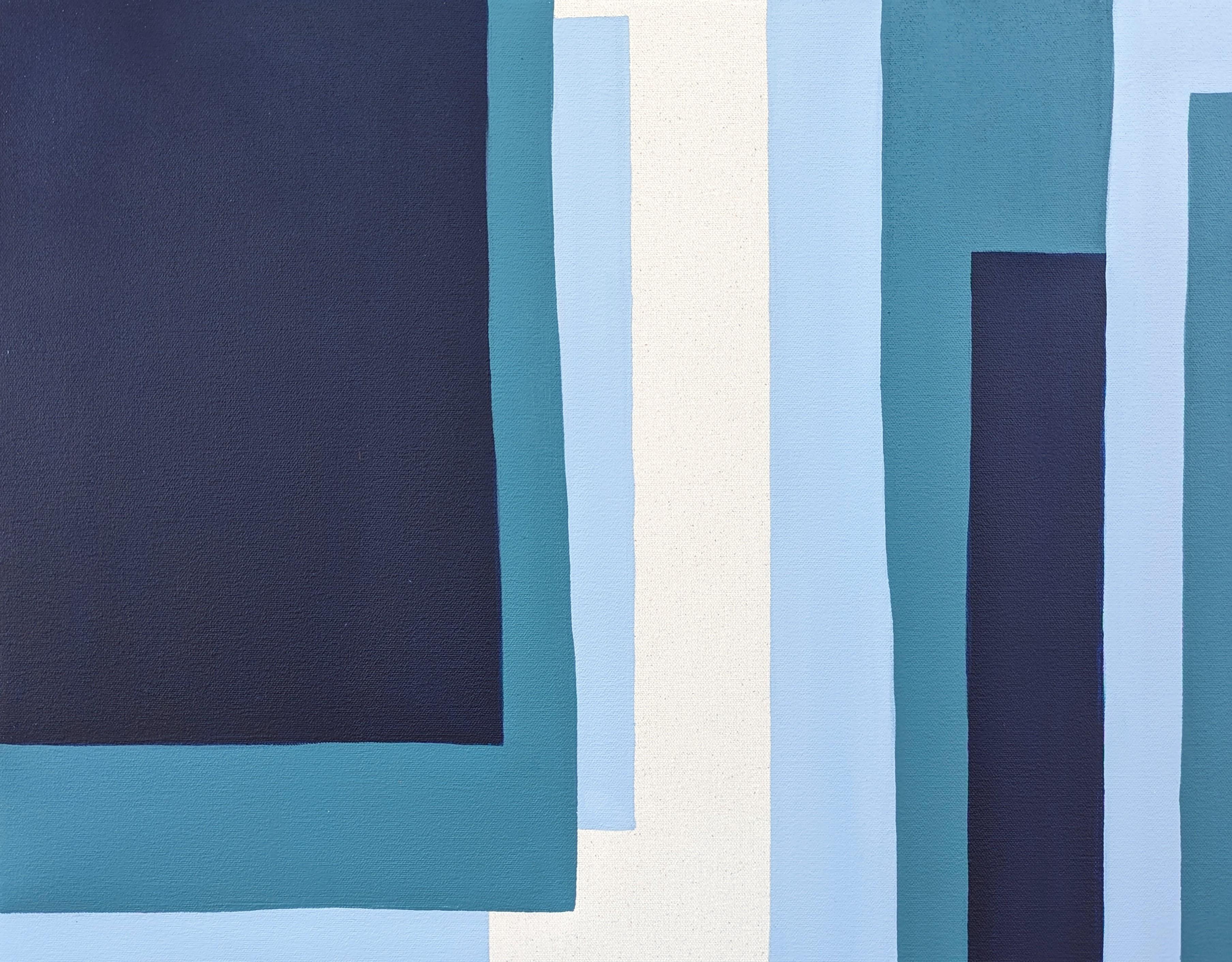 Contemporary abstract geometric painting by Houston-based artist Holland Geibel. The work features layers of rectangular shapes in various tones of blue, teal, and white. Signed, titled, and dated on the reverse. Currently unframed, but options are