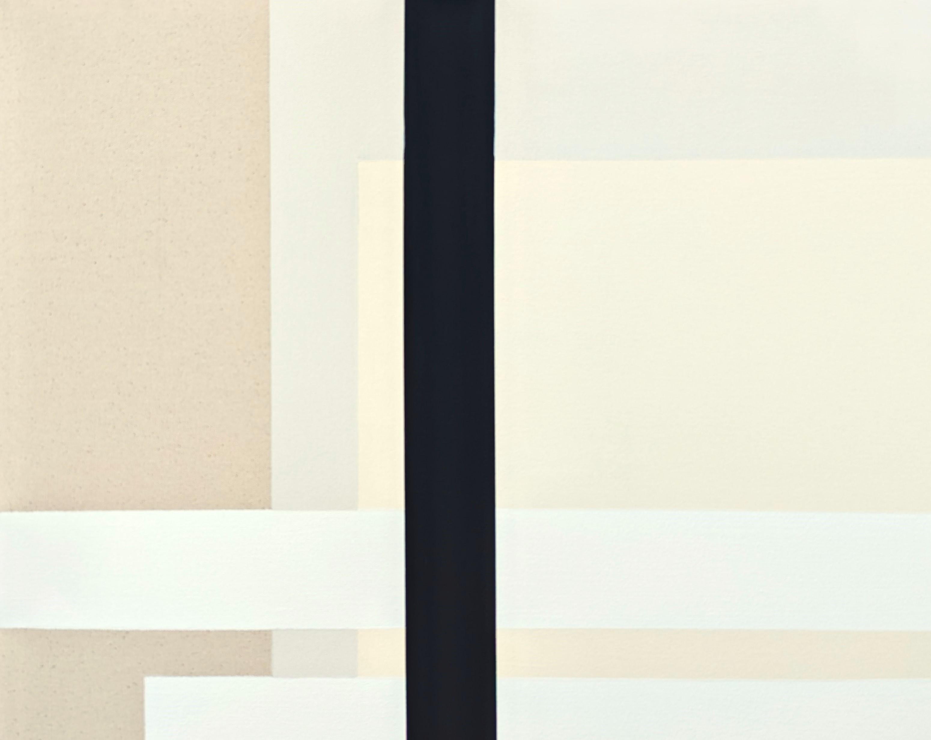 Contemporary abstract geometric painting by Houston-based artist Holland Geibel. The work features layers of rectangular shapes in various neutral tones of tan, white, and black. Signed, titled, and dated on the reverse. Currently unframed, but