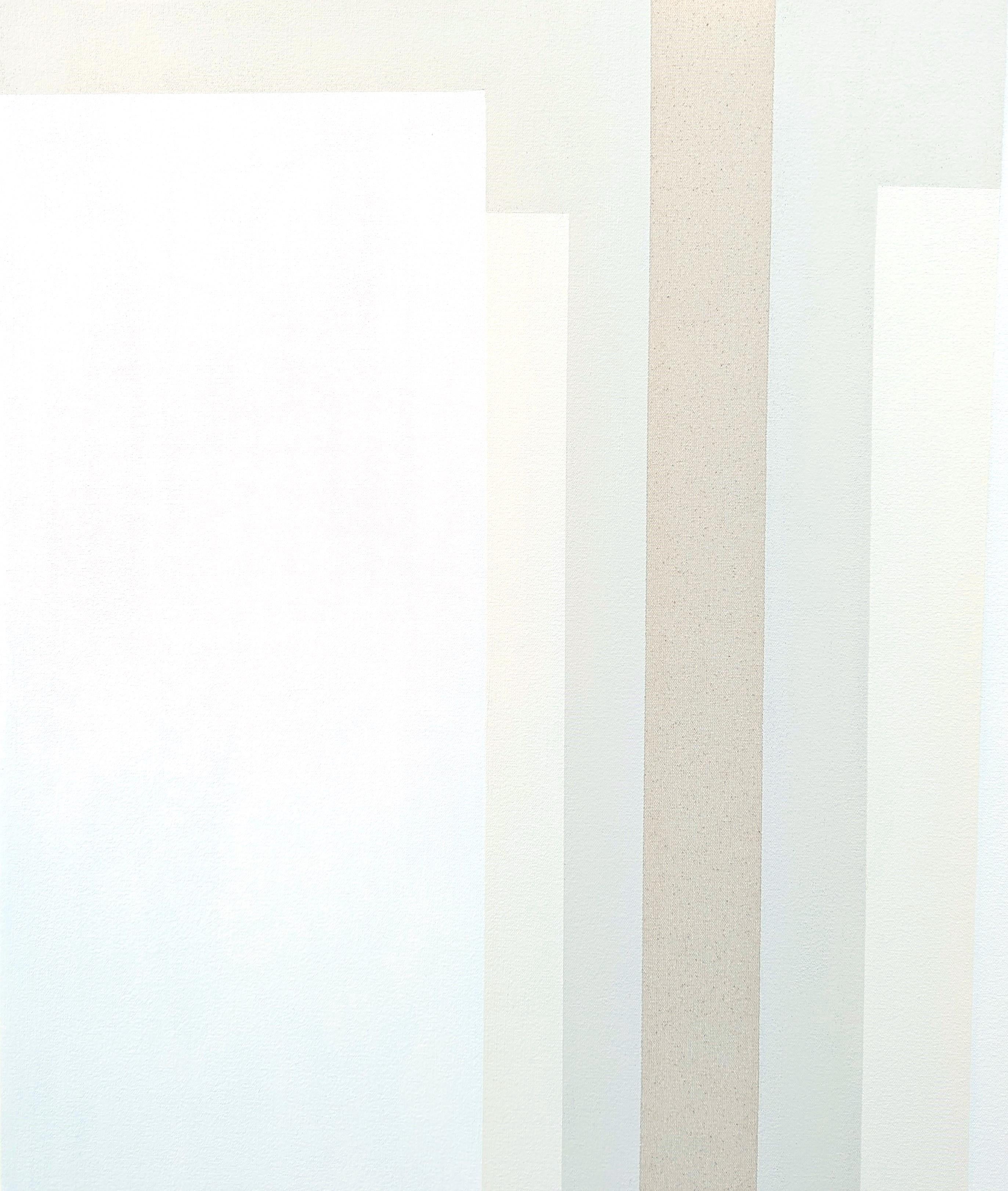 Contemporary abstract geometric painting by Houston-based artist Holland Geibel. The work features layers of rectangular shapes in various neutral tones of tan, white, and black. Signed, titled, and dated on the reverse. Currently unframed, but
