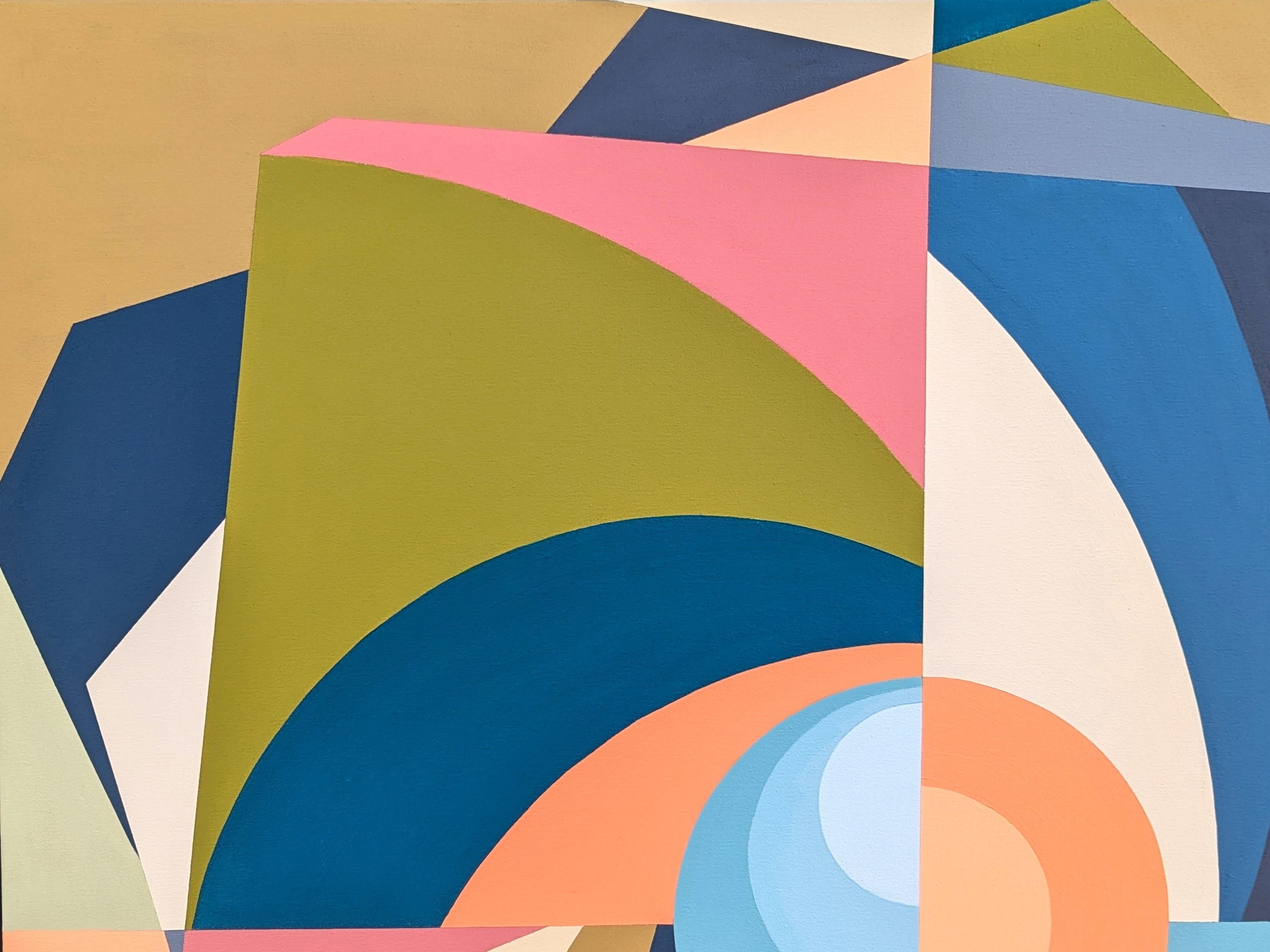 Contemporary abstract geometric painting by Houston-based artist Holland Geibel. The work features layered abstract spiral shapes in muted pink, blue, green, and orange tones. Signed and dated on the reverse. Currently unframed, but options are