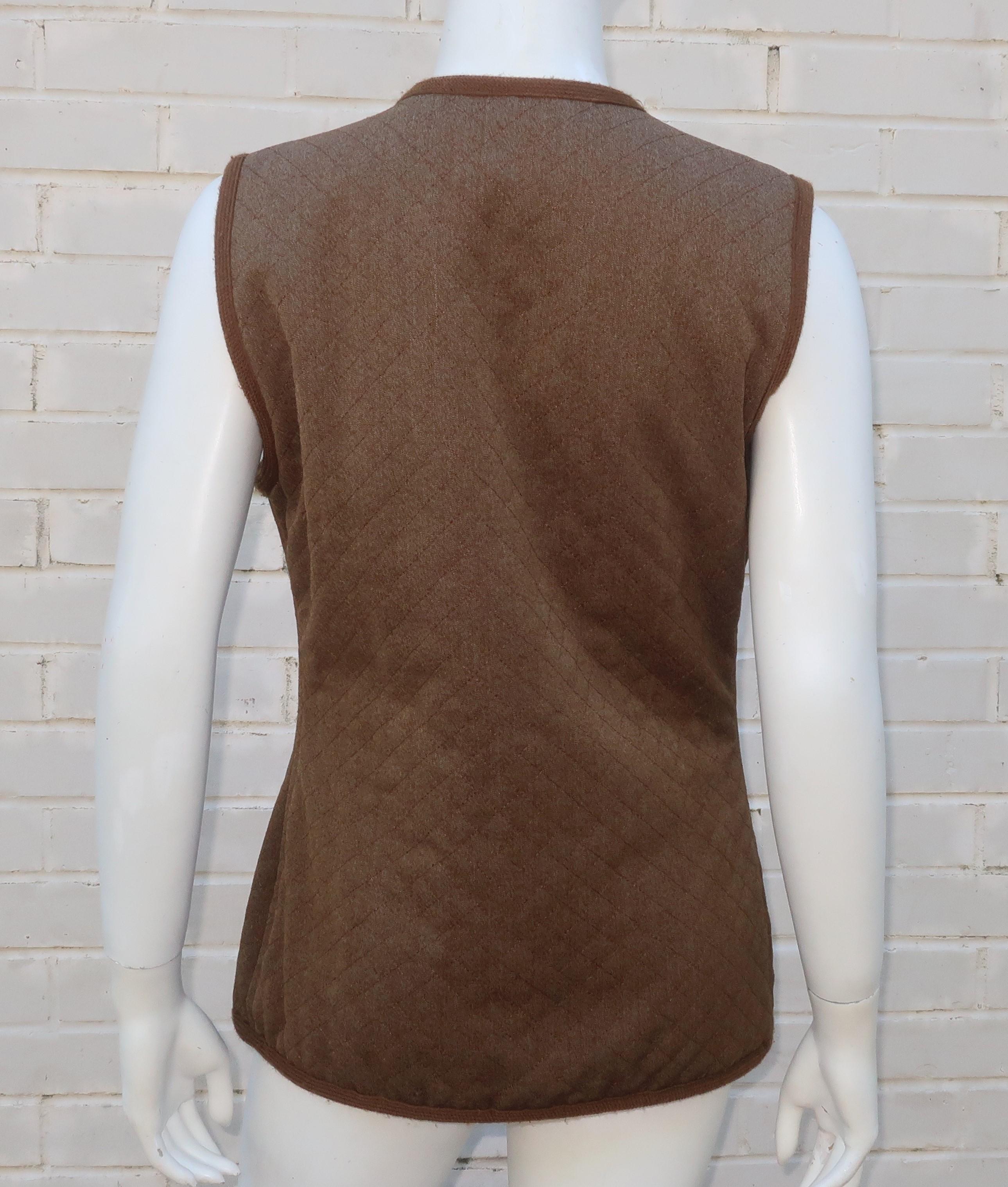 Women's Holland & Holland Brown Quilted Wool Hunting Vest With Logo Silk Lining