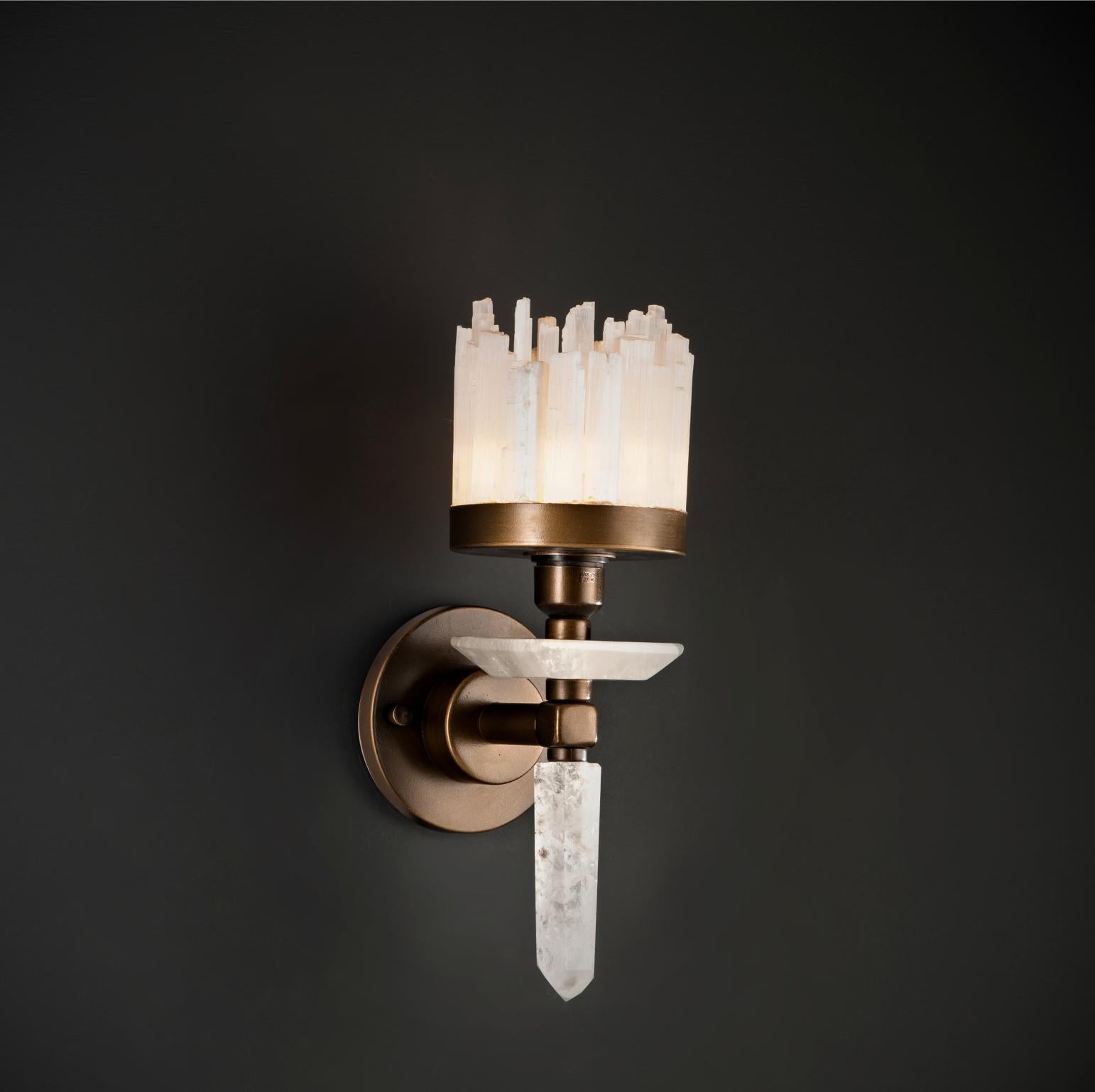 Quartz wall sconce by Aver 
Dimensions: D 12 x W 20 x H 35 cm 
Materials: Aluminum, plated. Natural Selenite. 
Lighting: 01 x E-27 LED.
Finish: Silver Veneer, Aged Silver Veneer, Gold Veneer, Aged Gold Veneer, Copper Veneer, Aged Copper Veneer, Aged