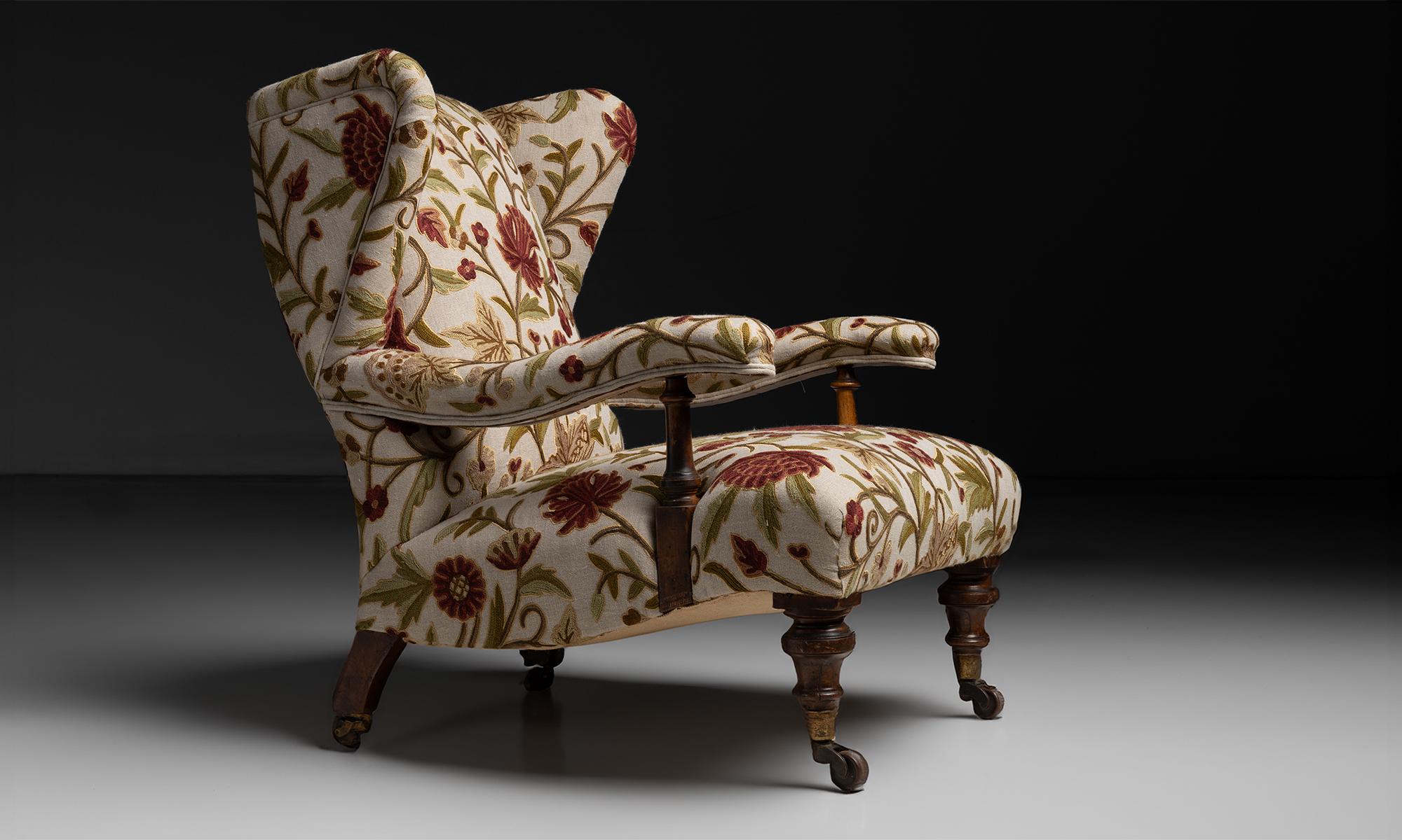 English Holland & Sons Wingchair in Embroidered Linen, England circa 1900