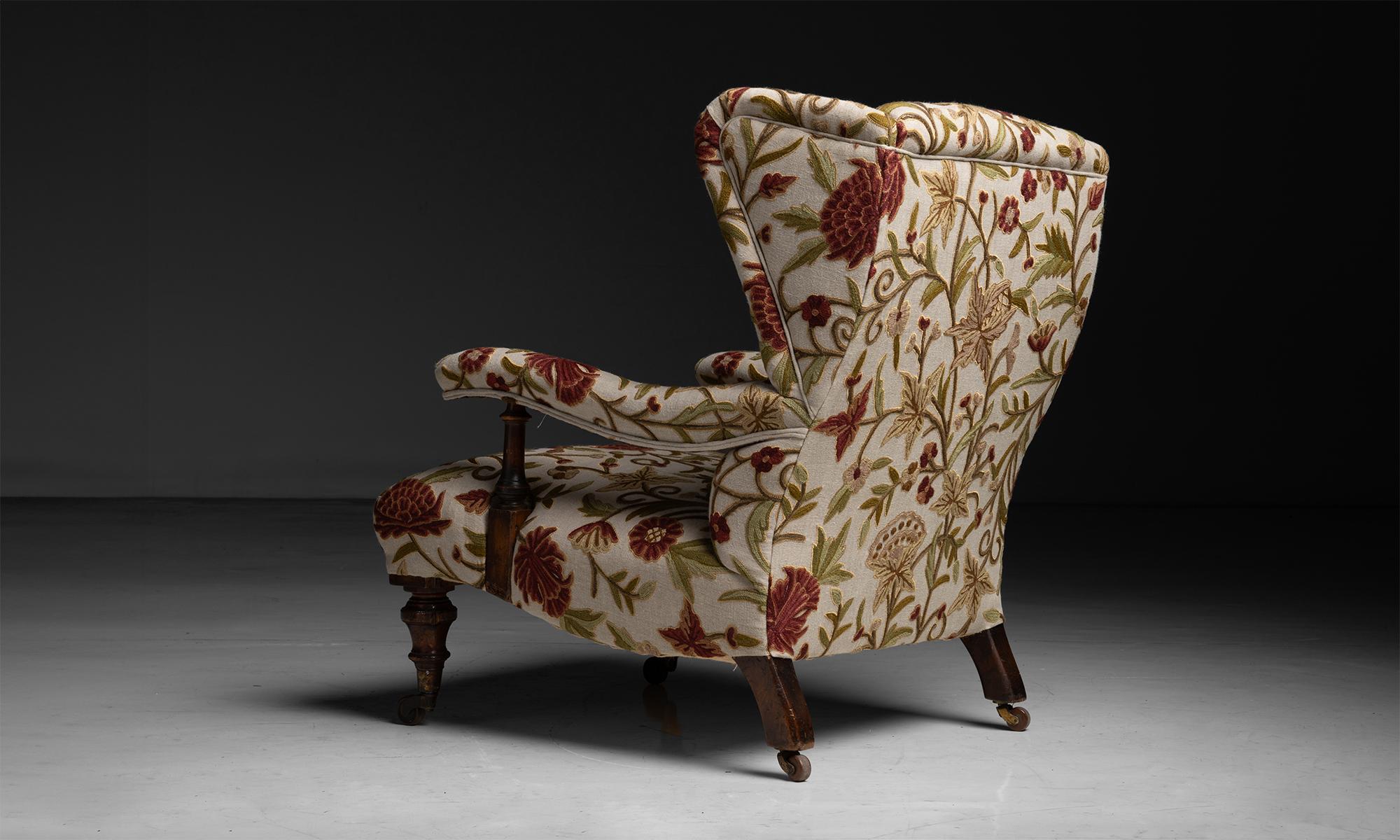 Holland & Sons Wingchair in Embroidered Linen, England circa 1900 2